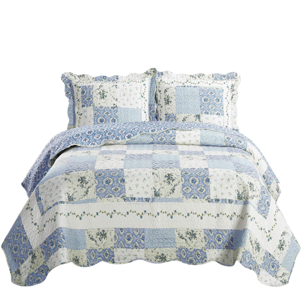 7-Piece Full Size Bedspread Set - Brea Printed Quilted Wrinkle-Free Microfiber Bedding - Includes 3-Piece Coverlet Set & 4-Piece Sheet Set - Perfect for Guest Rooms, Dorms & Cozy Bedroom Decor