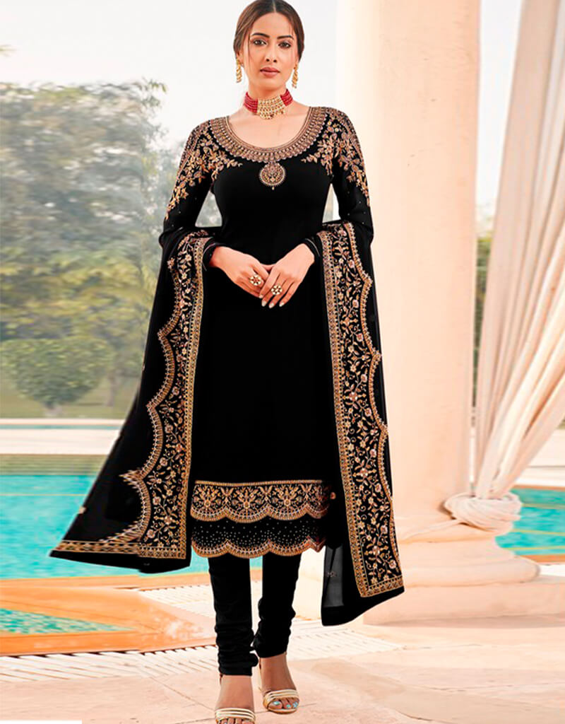 Elegant Black Chudidar Style Suit - Premium Georgette Fabric for Women's Ethnic Wear - Perfect for Weddings, Parties & Festive Occasions