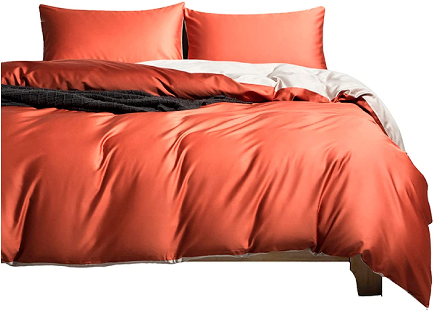 Luxury Regal Satin Cotton Duvet Cover Set - 4 Piece Queen Size Bedding Set with 2 Pillowcases & Flat Sheet - Elegant Orange Home Decor for Master Bedroom, Guest Room & Hotel Styling