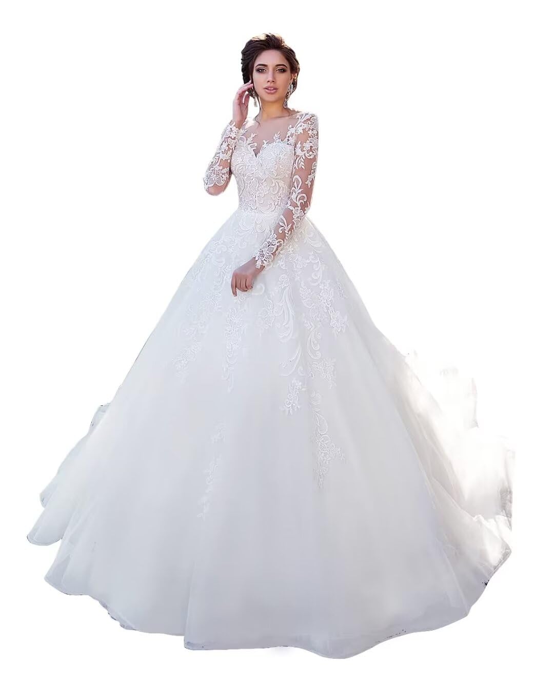 Elegant Long Sleeve Lace Wedding Dress for Bride - Boho A-Line Beaded Maxi Gown with Applique Details | Perfect for Beach, Garden & Vintage Theme Weddings