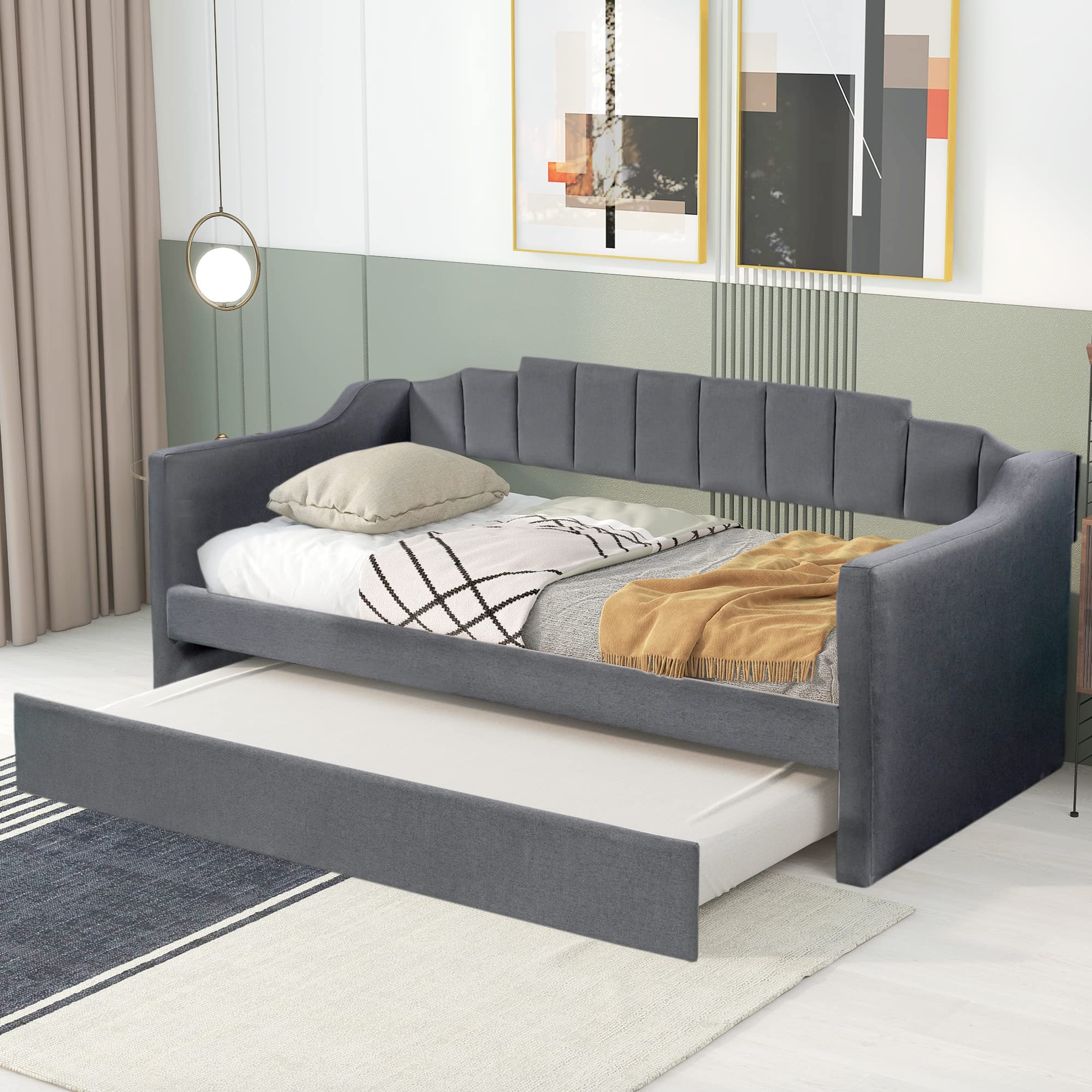 Twin Upholstered Daybed with Trundle - No Box Spring Needed - Grey Modern Sleeper Sofa for Guest Room, Small Space & Dormitory