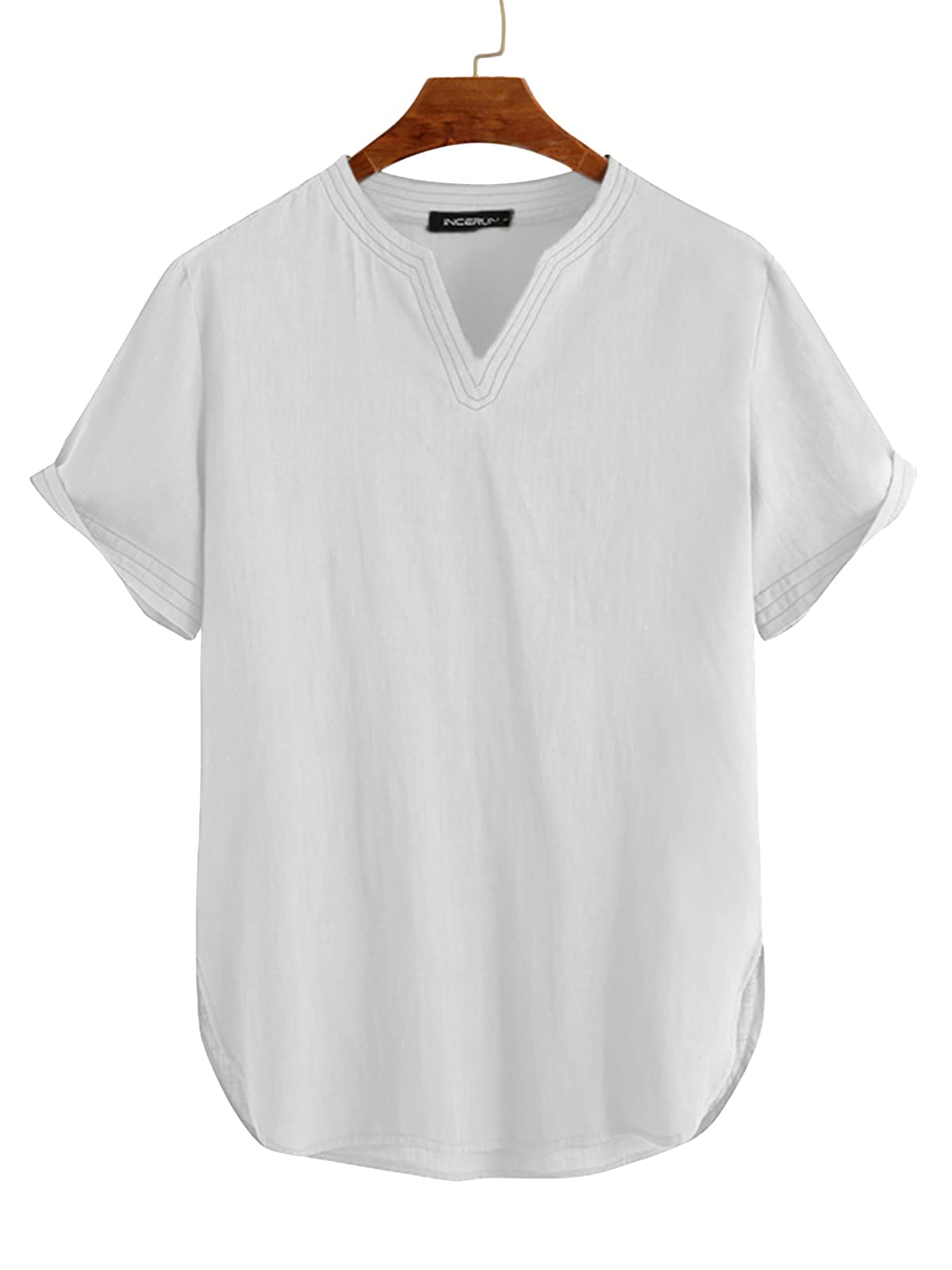 INCERUN Men's Cotton Linen Shirt - Casual V-Neck Short Sleeve Yoga Top for Summer | Plain Beach Tee, Hippie Basic Shirt for Yoga, Travel & Outdoor Activities