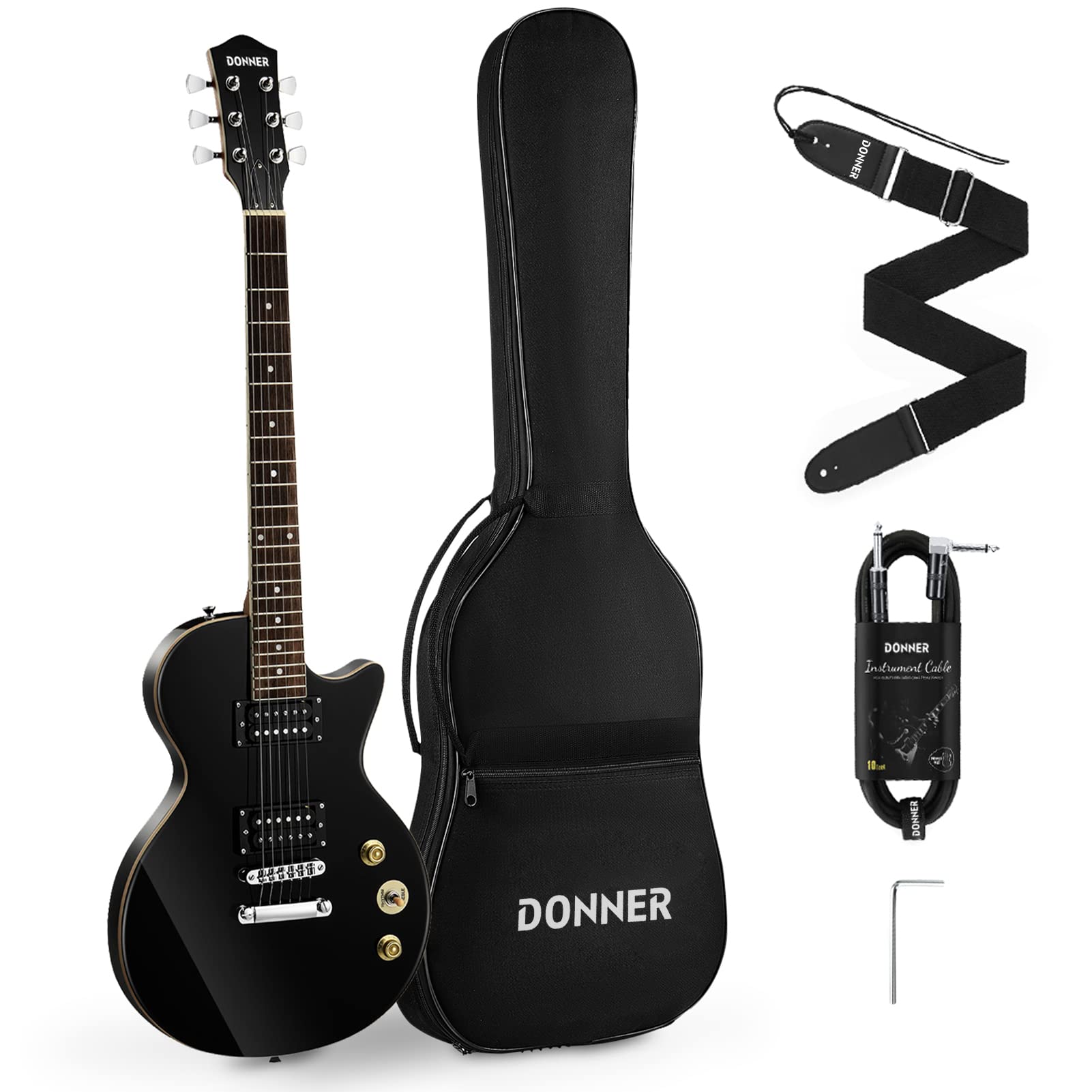Donner DLP-124B Full-Size 39 Inch Solid Body Electric Guitar Kit for Beginners - LP Style, Black with Gig Bag, Cable & Strap - Perfect for Home Practice, Studio Recording & Live Performances