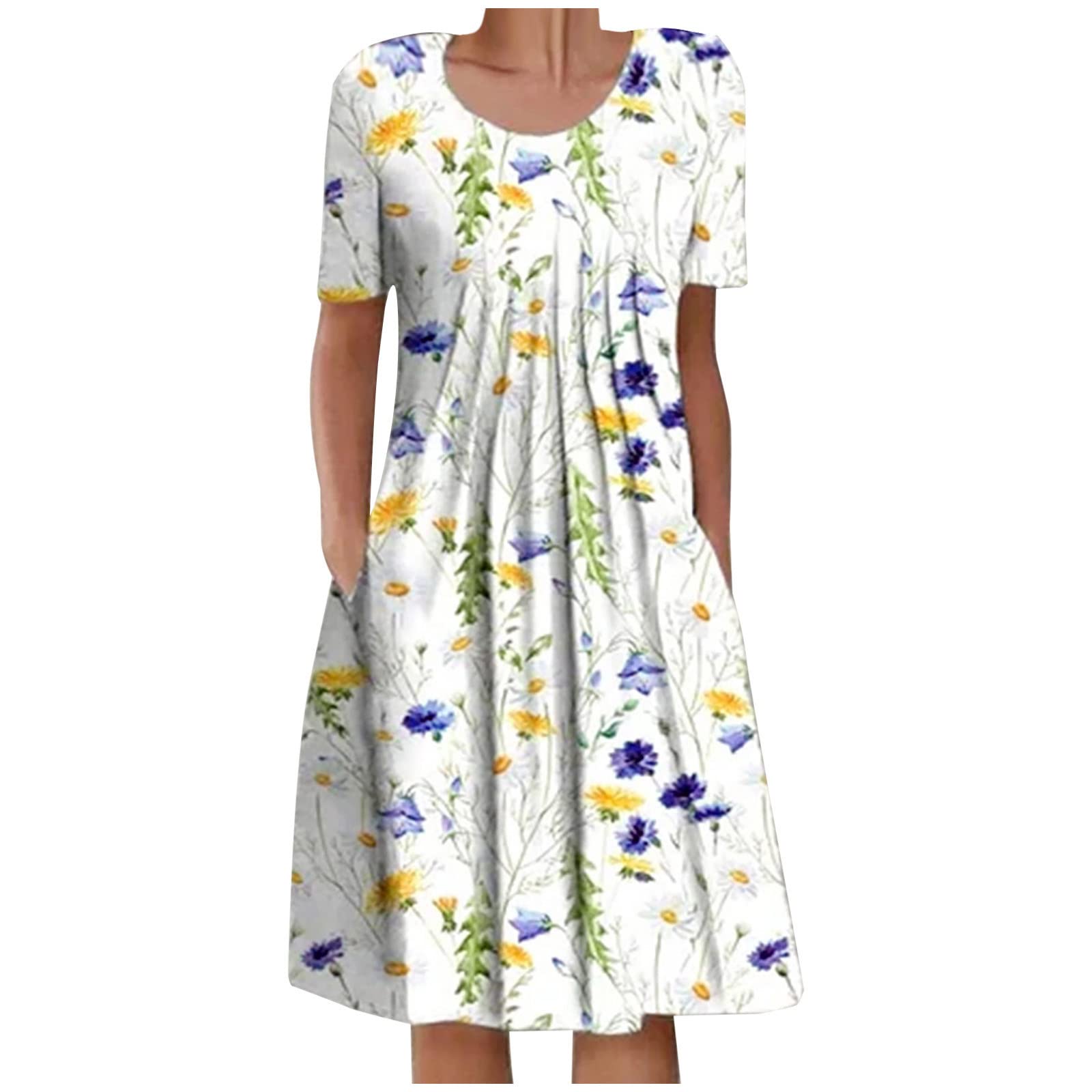 YSLMNOR Women's Summer Floral Print Short Sleeve Midi Dress with Pockets - Casual Sundress for Beach, Vacation & Everyday Wear