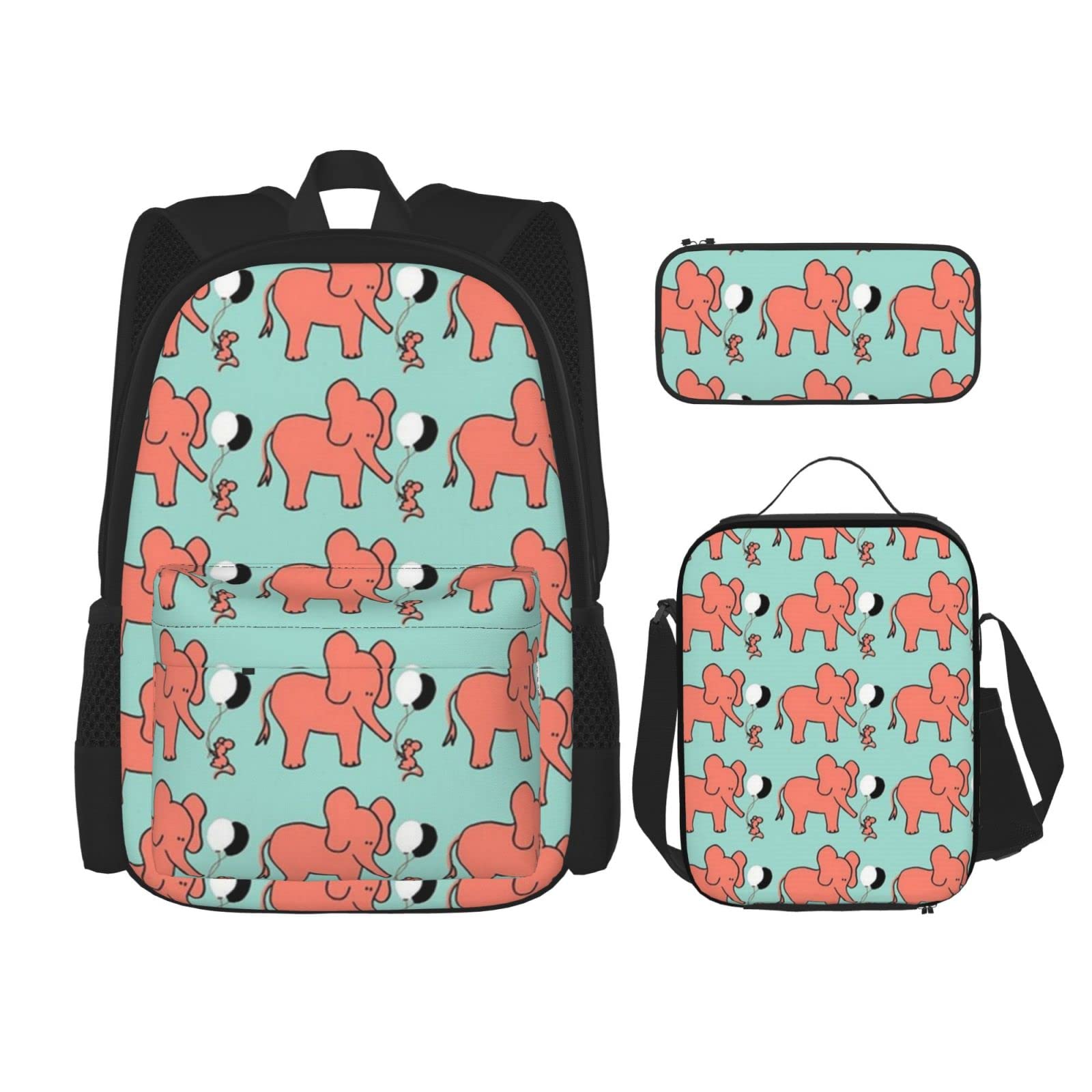 3-Piece Backpack Set for Teens - Elephant Print Backpack, Messenger Bag & Pencil Case (Coral, Mint, Black) - Perfect for School, Travel & Daily Use