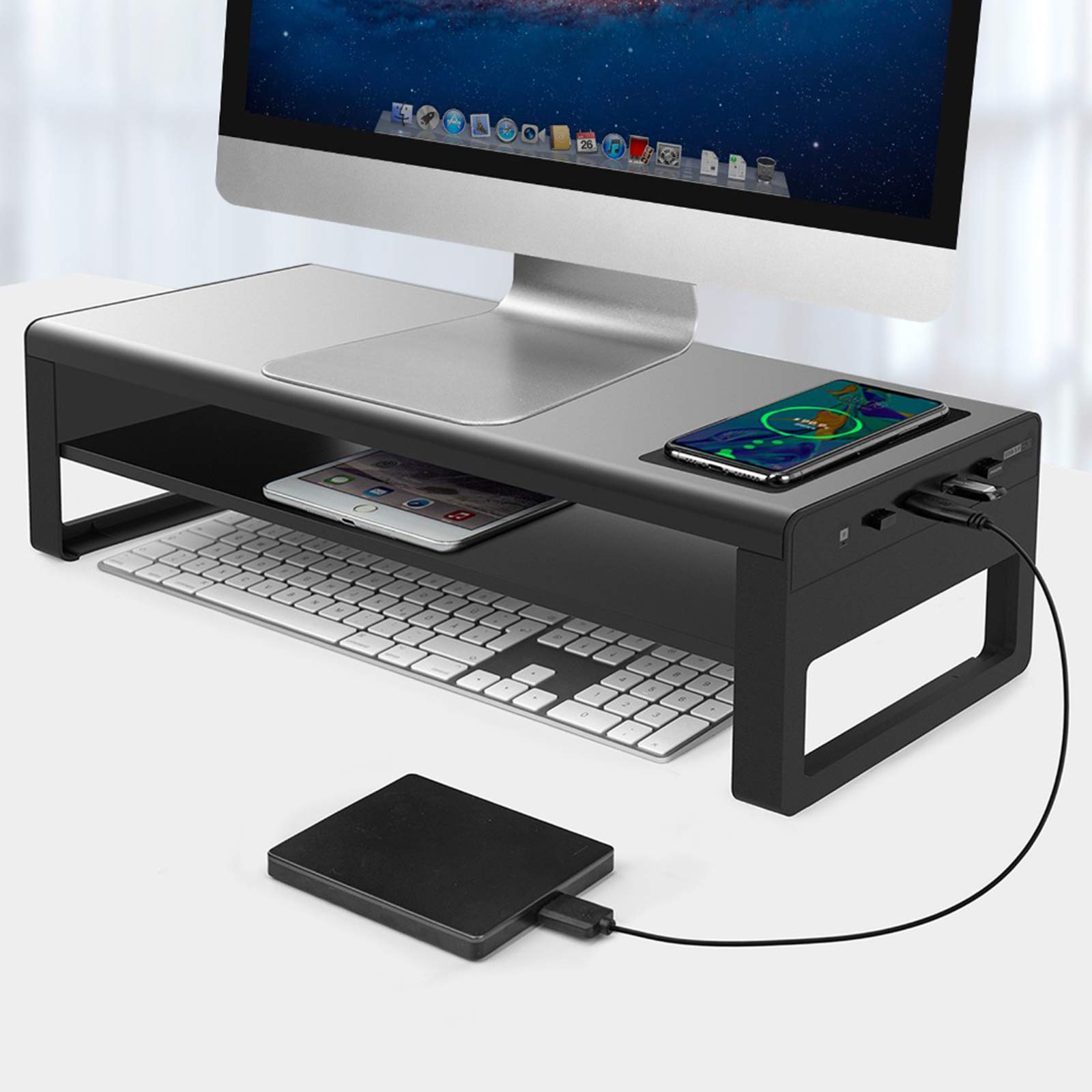 AWYLL 2-Tier Monitor Stand Riser with Wireless Charger & 4 USB 3.0 Ports - 5V1A Fast Charging & Data Transfer for Laptop, MacBook, PC, Desktop Computer - Perfect for Home Office & Workspace Organization