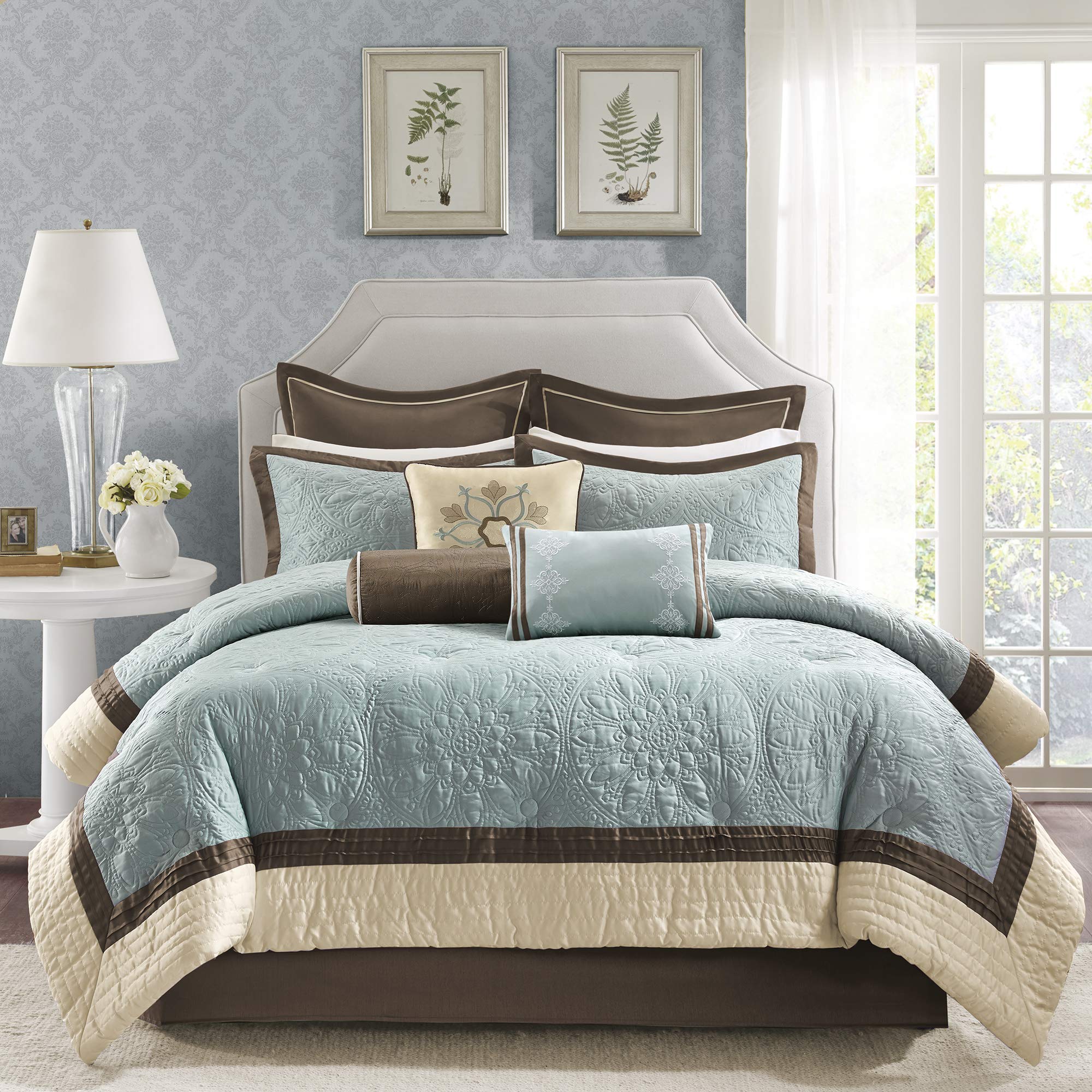Madison Park Cozy Comforter Set - King Size 104x92 Inch - All Season Soft Bedding with Matching Bed Skirt & Decorative Pillows - Modern Blue 9-Piece Bedding Set for Master Bedroom, Guest Room & Cozy Home Decor