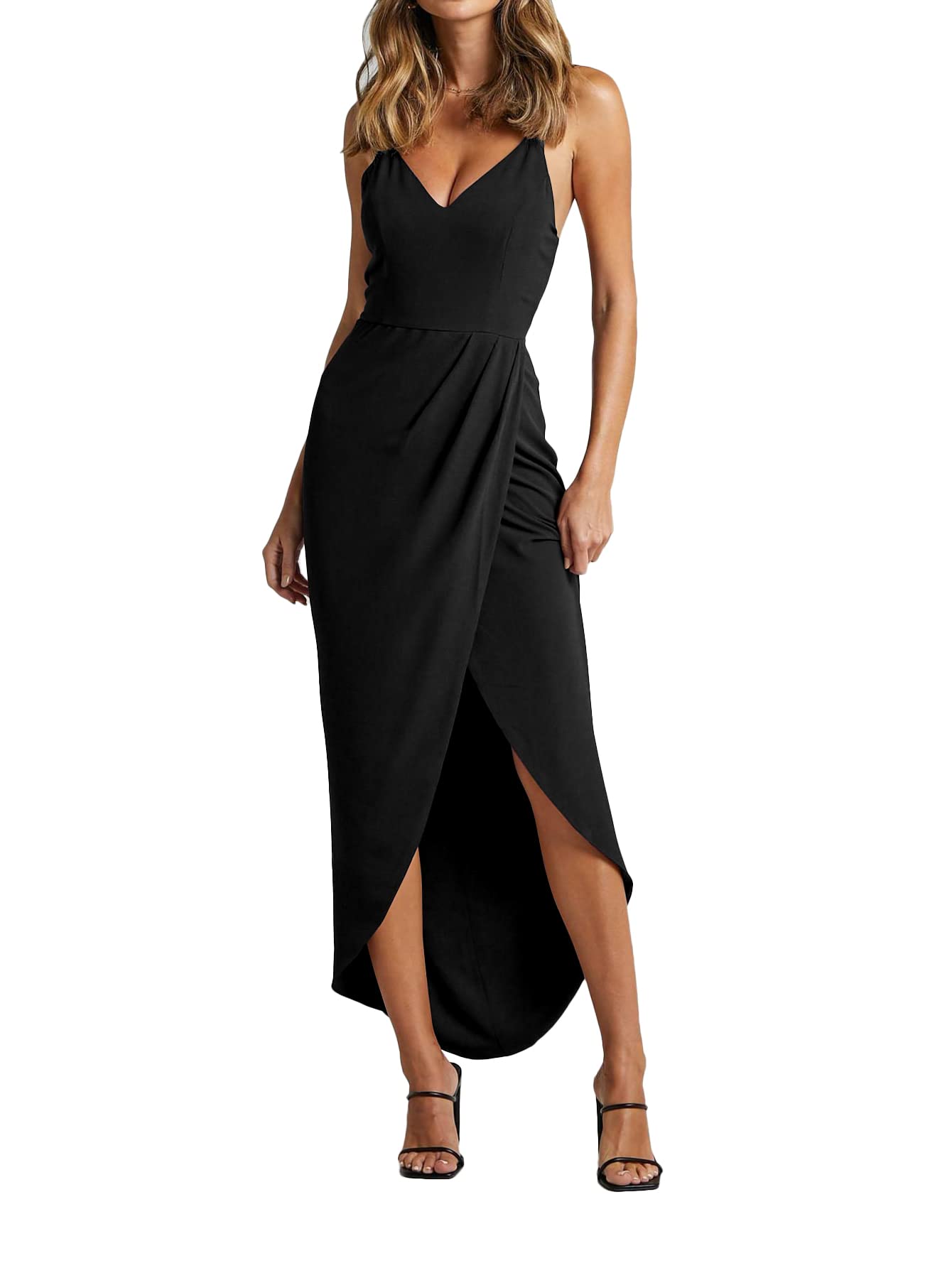 LYANER Women's Spaghetti Strap Ruched Wrap Midi Dress with Split Hem & Sleeveless Zipper Design - Perfect for Summer Parties, Beach Vacations and Casual Outings