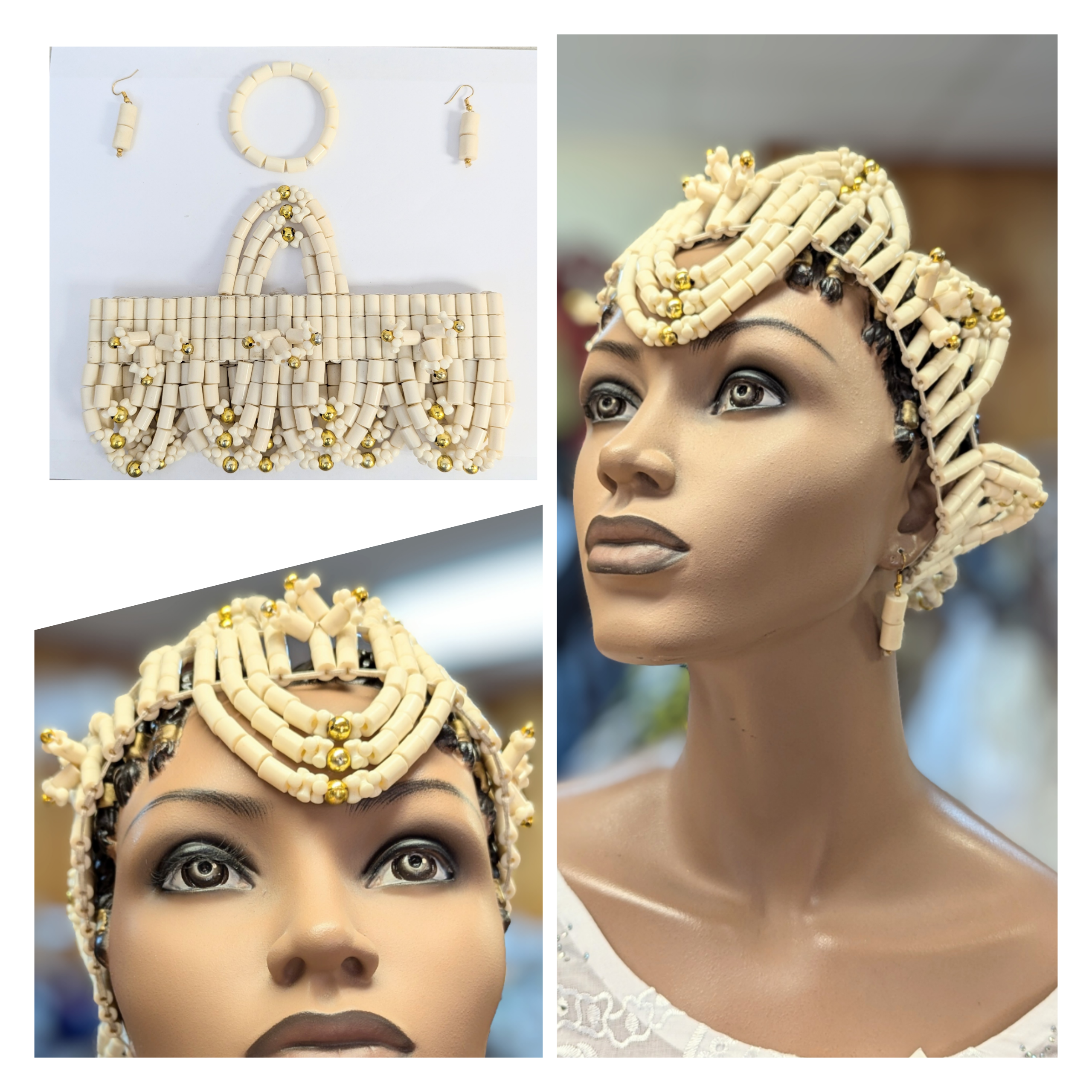 Authentic African Ivory & Gold Beaded Crown Bracelet & Earrings Set | Kelechi Igbo Edo Tribal Jewelry | Perfect for Weddings, Cultural Events & African Fashion