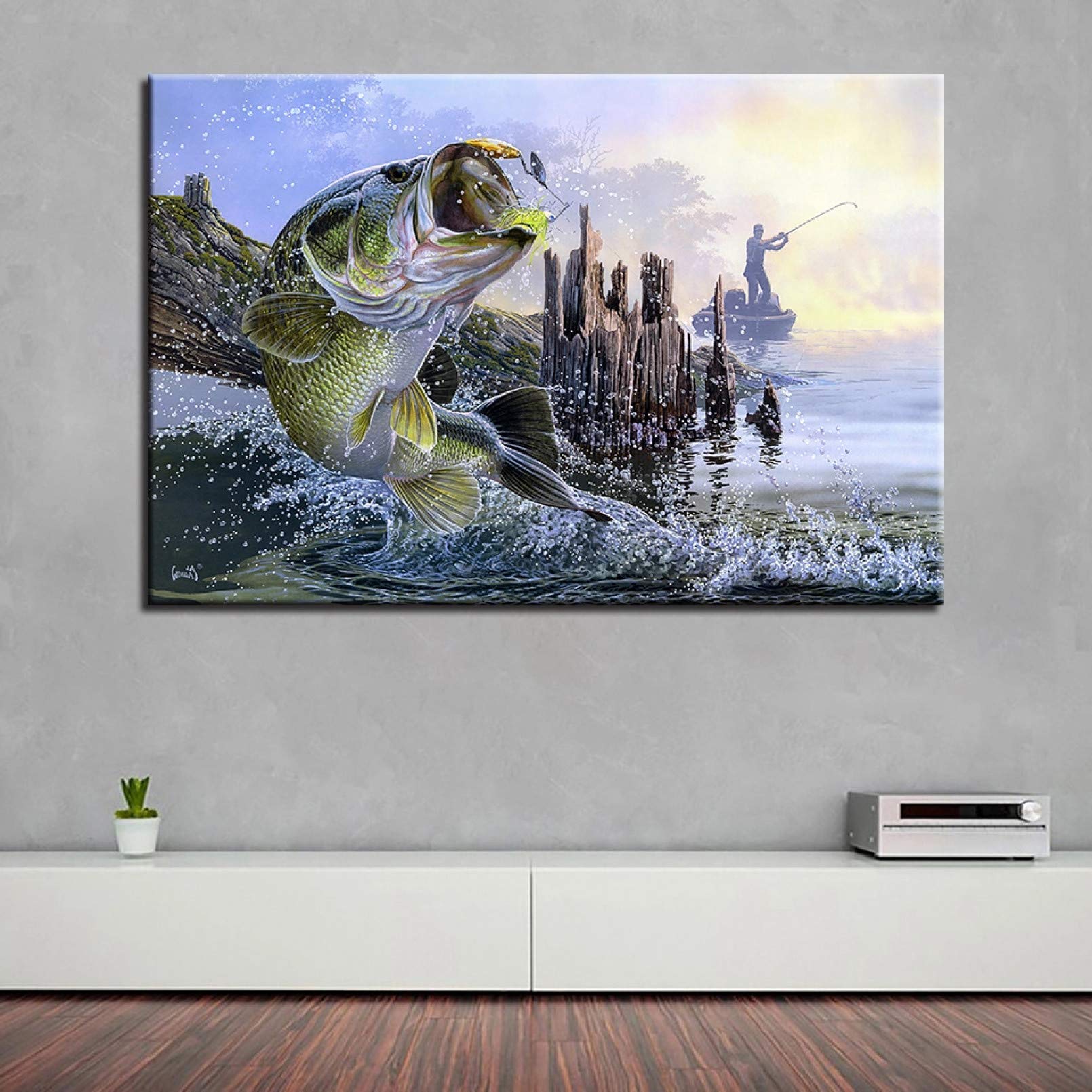 Large Largemouth Bass Fish Canvas Print - Wall Art Painting for Living Room Decor, Housewarming Gift - Perfect for Fishing Enthusiasts & Home Office Decoration