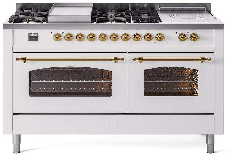 ILVE Nostalgie II 60-Inch Dual Fuel Natural Gas Range with Brass Trim - White (UP60FSNMPWHG) | Professional Italian Kitchen Appliance for Home Chefs & Gourmet Cooking