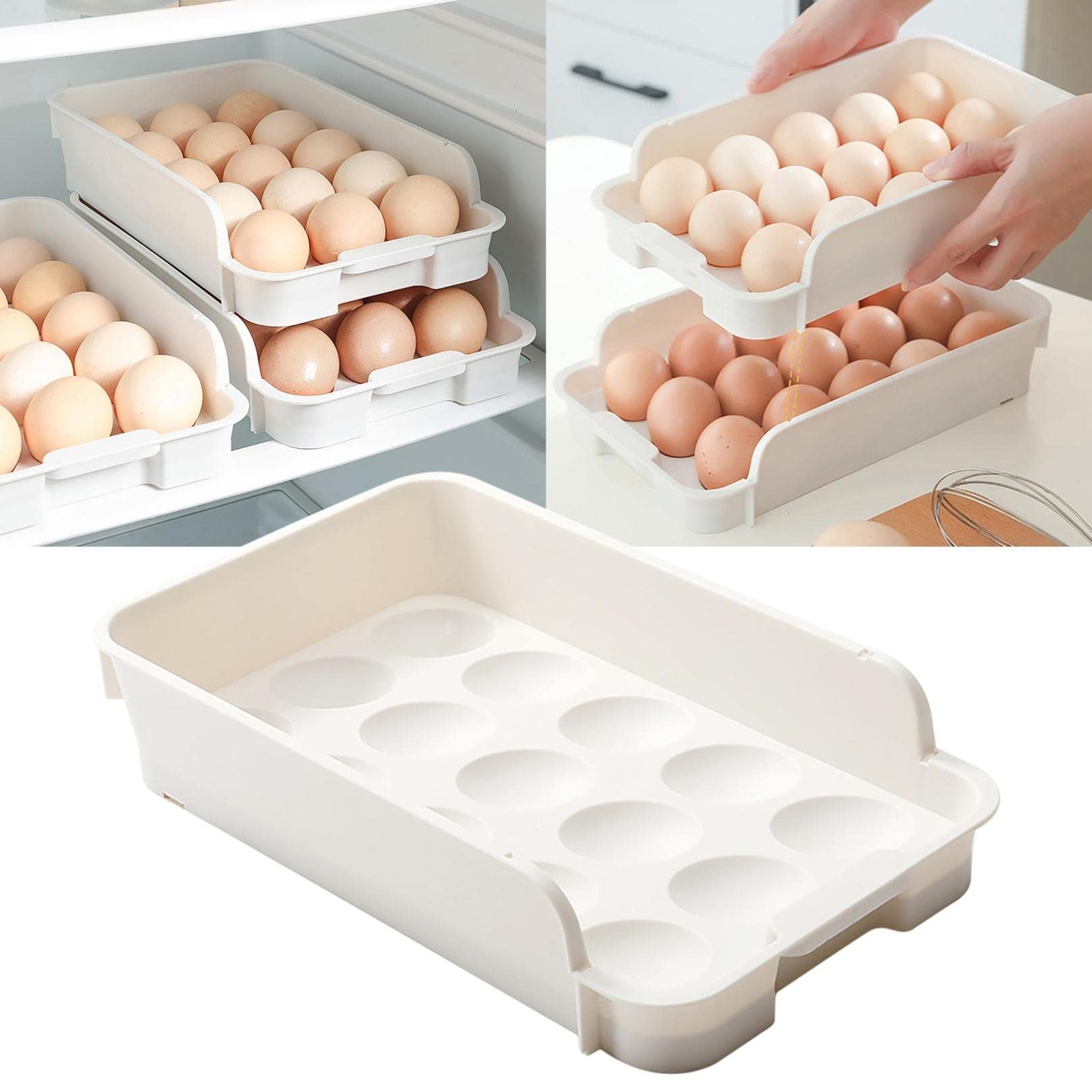 Large Capacity Stackable 15-Grid Egg Holder for Refrigerator - White Plastic Egg Storage Container Organizer Bin | Perfect for Kitchen Organization & Fresh Egg Storage in Fridge