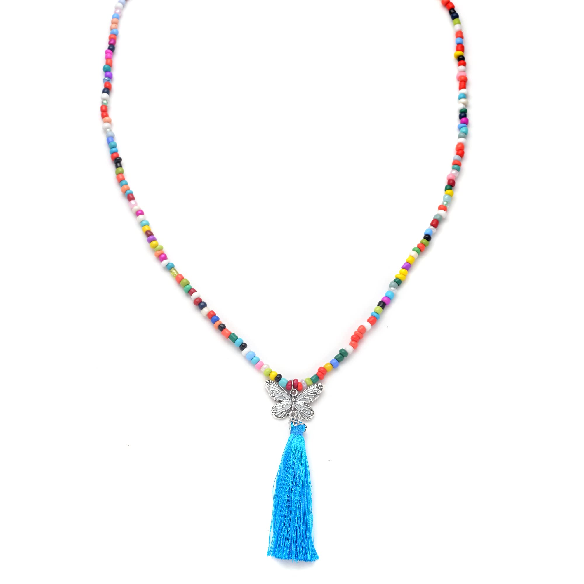 Fxiqini Bohemian Beaded Long Pendant Necklace for Women - Colorful Tassel Butterfly Statement Jewelry for Casual Wear, Parties & Festivals