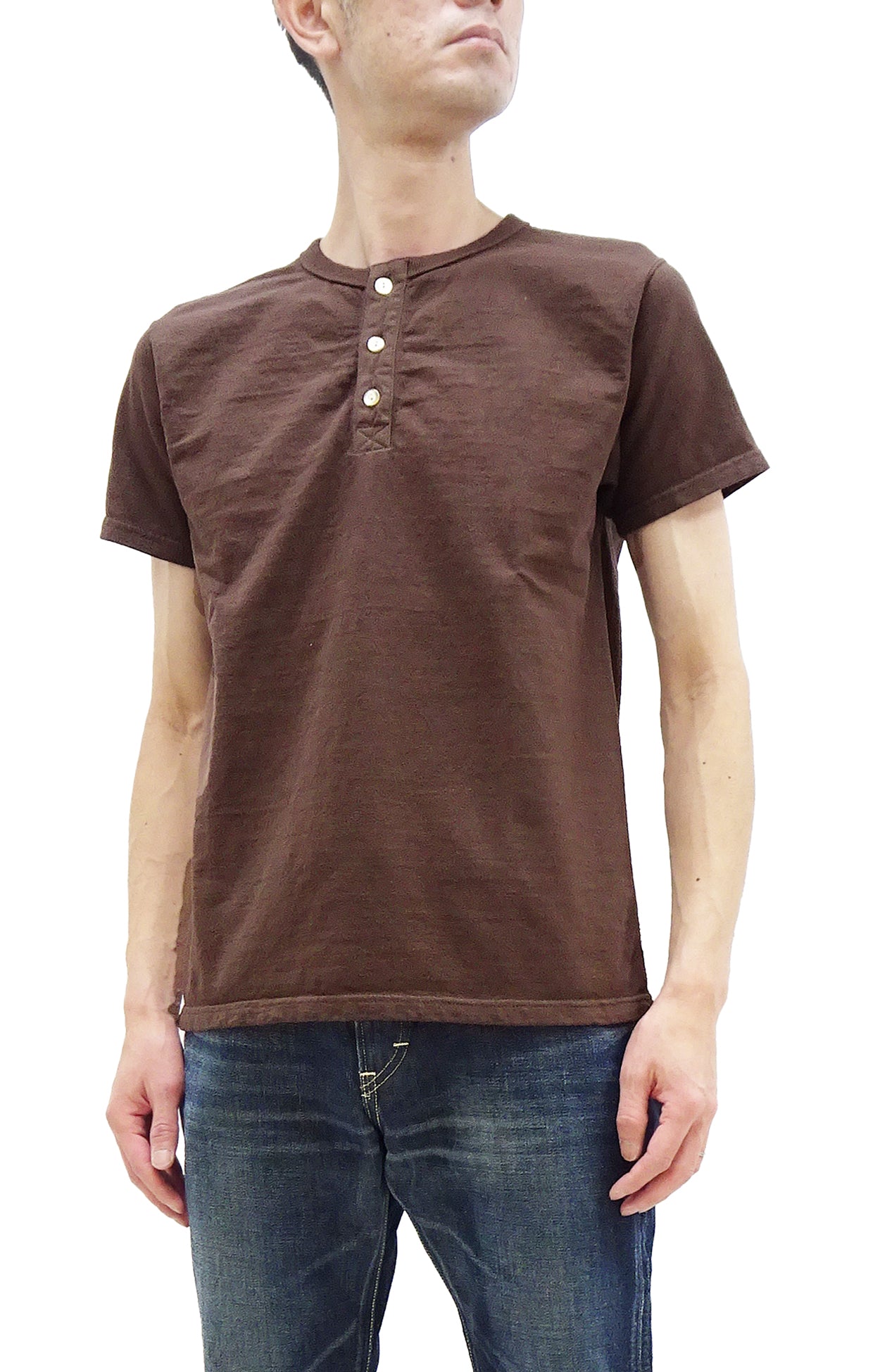 Premium Samurai Jeans Men's Heavyweight Short Sleeve Henley T-Shirt - 100% Japanese Slub Cotton - Dark Chestnut Color - Casual Wear & Street Style Essential