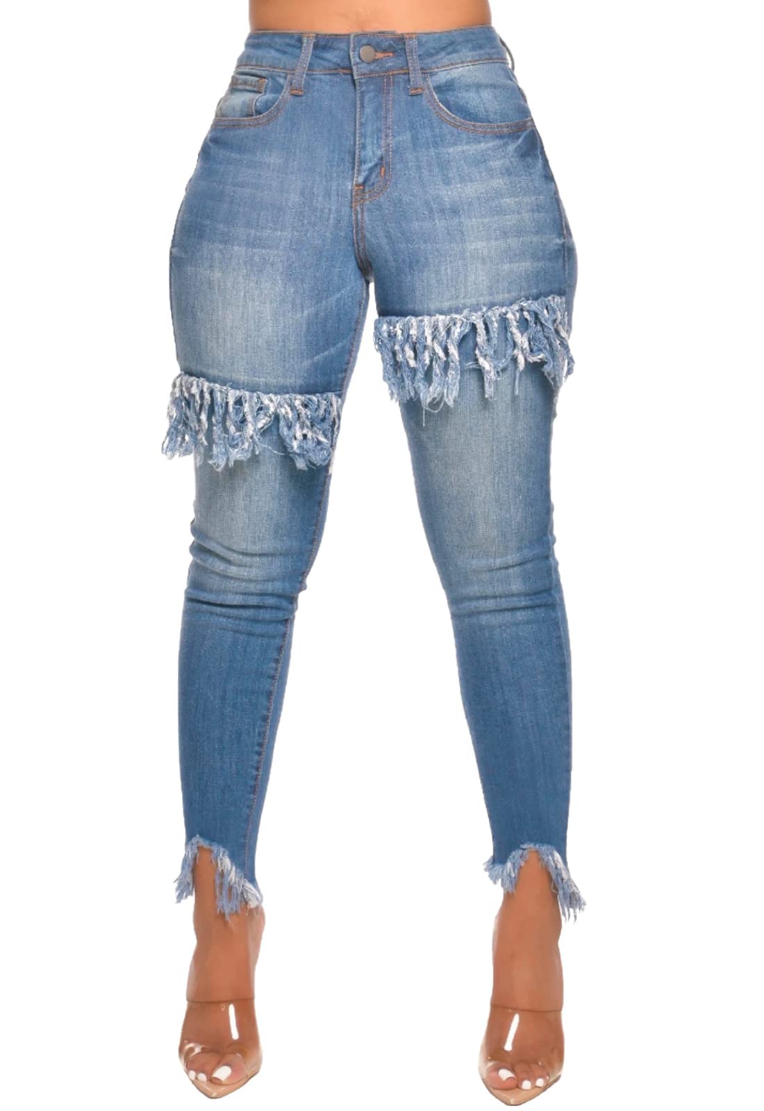 FairBeauty Women's Skinny Stretch Jeans - Frayed Raw Hem, Slim Fit Ripped Denim Pants for Casual Wear & Night Out | Trendy Distressed Jeans for Everyday Style