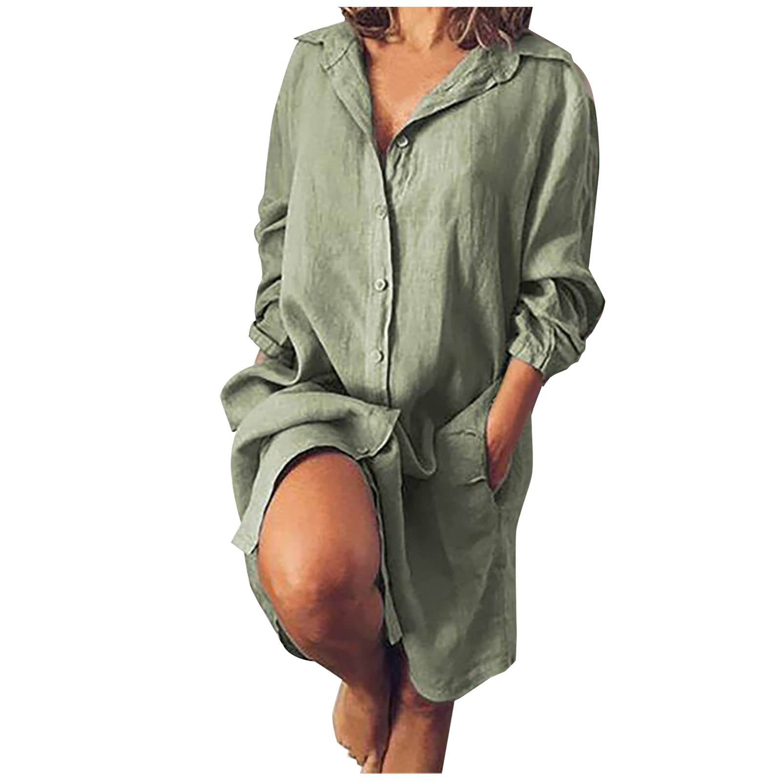 Women's Summer Dresses - Loose Fit Long Sleeve Cotton Linen Cardigan Dress with Double Pockets | Casual Office Wear, Beach Cover Up & Everyday Comfort Outfit