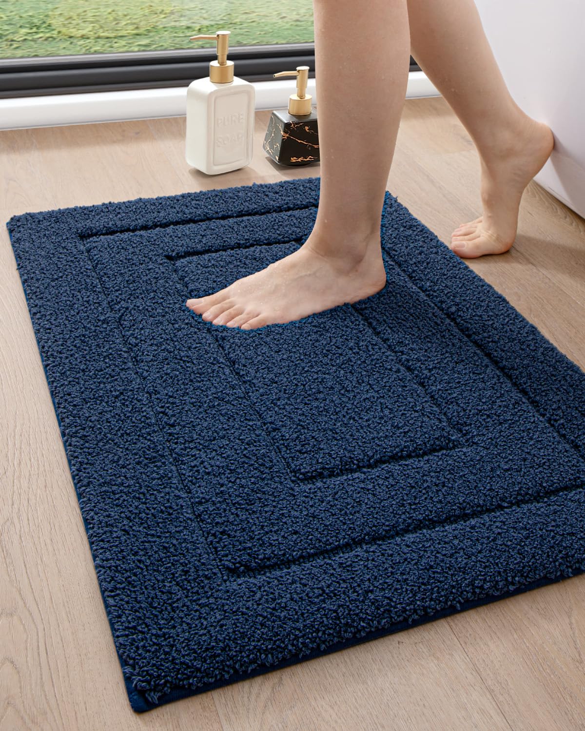 Non-Slip Bathroom Rug 32x20 Inch - Ultra Absorbent Quick Dry Bath Mat with Rubber Backing, Washable Microfiber Shower Floor Carpet for Bathroom Safety & Comfort - Perfect for Bathroom, Shower, and Spa Areas (Navy Blue)