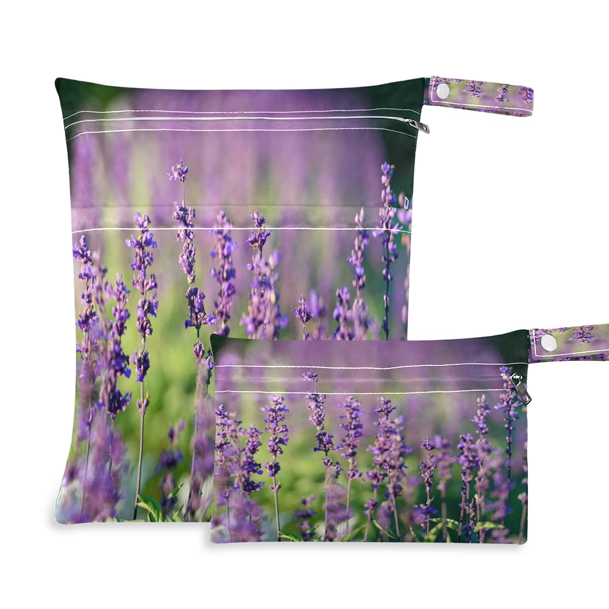 Waterproof Wet Dry Bags for Diaper Organizer - Reusable Washable Hanging Pouch with Pocket for Travel, Camping & Beach (Violet Lavender Meadow) - Perfect for Baby Essentials, Swim Gear & Outdoor Activities
