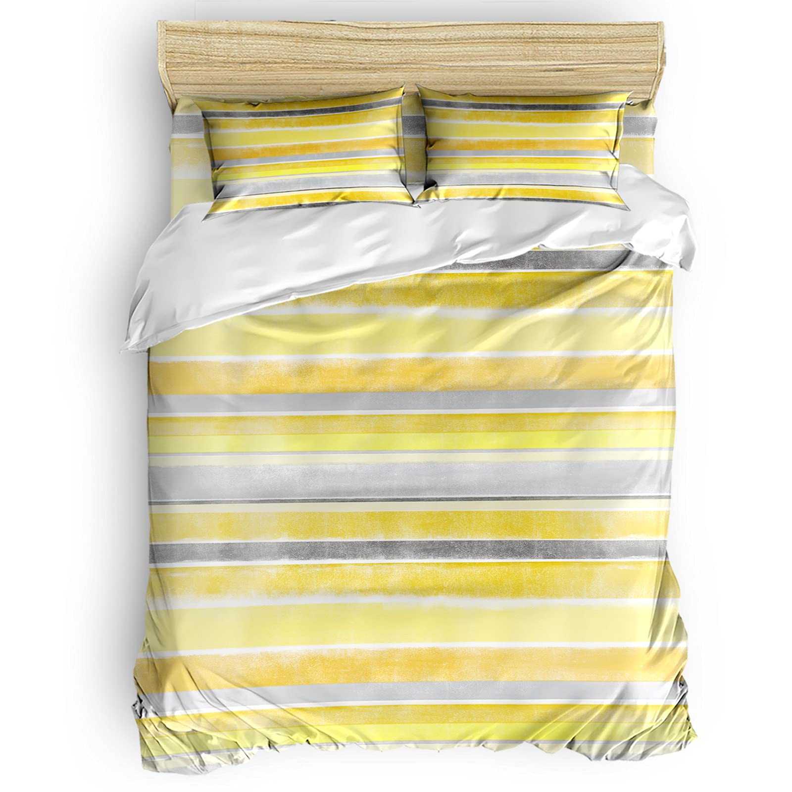 Infinidesign Stripes Duvet Cover Set 4-Piece King Size - Breathable Lightweight Microfiber Bedding with Geometric Artistic Lines in Yellow & Grey - Includes Duvet Cover, 2 Pillow Shams & Sheet - Perfect for Modern Bedrooms, Guest Rooms & Dorm Decor