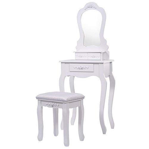 White Wooden Bathroom Vanity Set with Mirror & Stool - Modern Makeup Dressing Table for Bedroom, Bathroom, or Dressing Room - Perfect for Home Decor & Organization