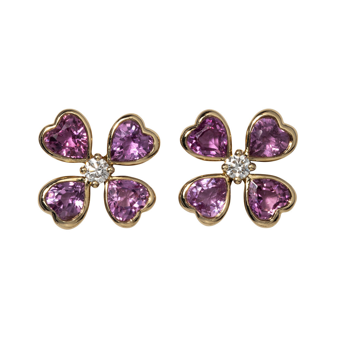 14K Gold Pink Sapphire & Diamond Clover Stud Earrings for Women - Elegant Four Leaf Clover Jewelry Gift for Birthday, Anniversary & Special Occasions