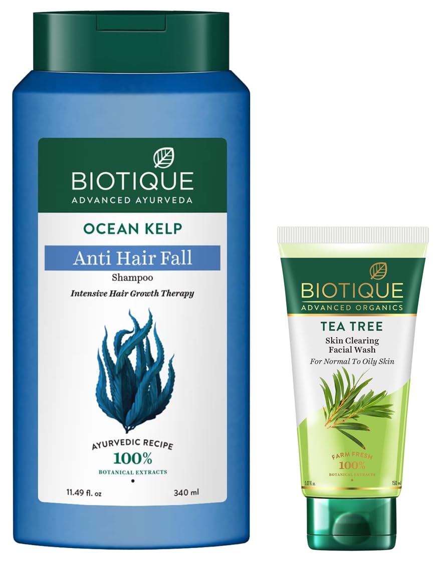 Biotique Bio Kelp Protein Shampoo for Hair Loss Treatment & Hair Regrowth | 340ml | Natural Ingredients for Thicker, Stronger Hair | Daily Use for Men & Women    Biotique Tea Tree Face Wash for Normal to Oily Skin | 150ml | Deep Cleansing & Acne Control | Refreshing Daily Skincare Routine    (Perfect for daily haircare to reduce hair fall and promote growth / Ideal for morning and night face cleansing to prevent breakouts)
