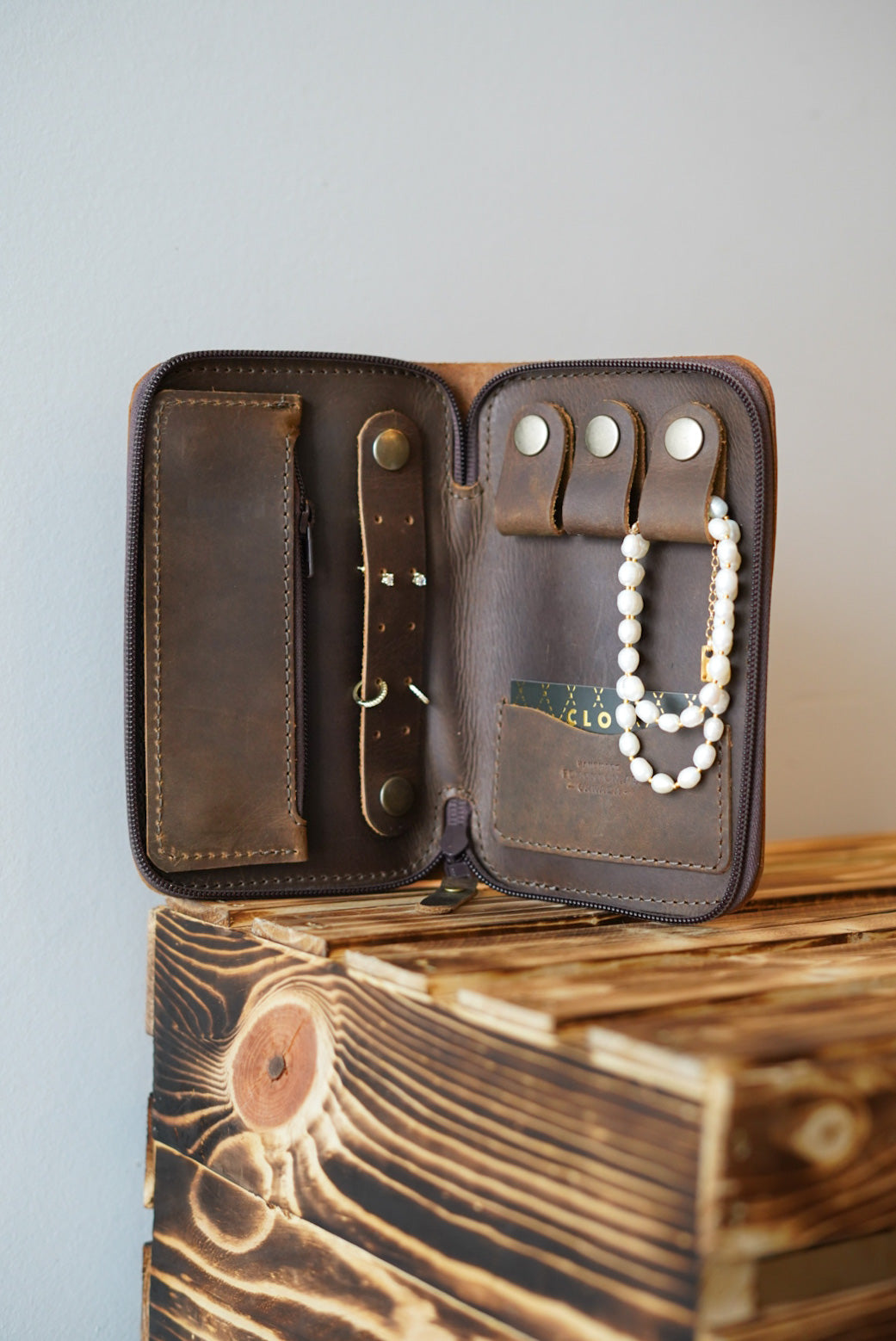Premium Jewelry Travel Case - Water Buffalo Leather (Brown) - Organize & Protect Necklaces, Rings & Earrings for Travel & Storage