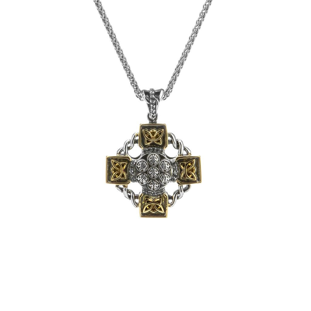 10K Gold & Sterling Silver Celtic Wheel Cross Pendant with White Topaz - Elegant Religious Jewelry for Women, Perfect for Church, Weddings & Special Occasions