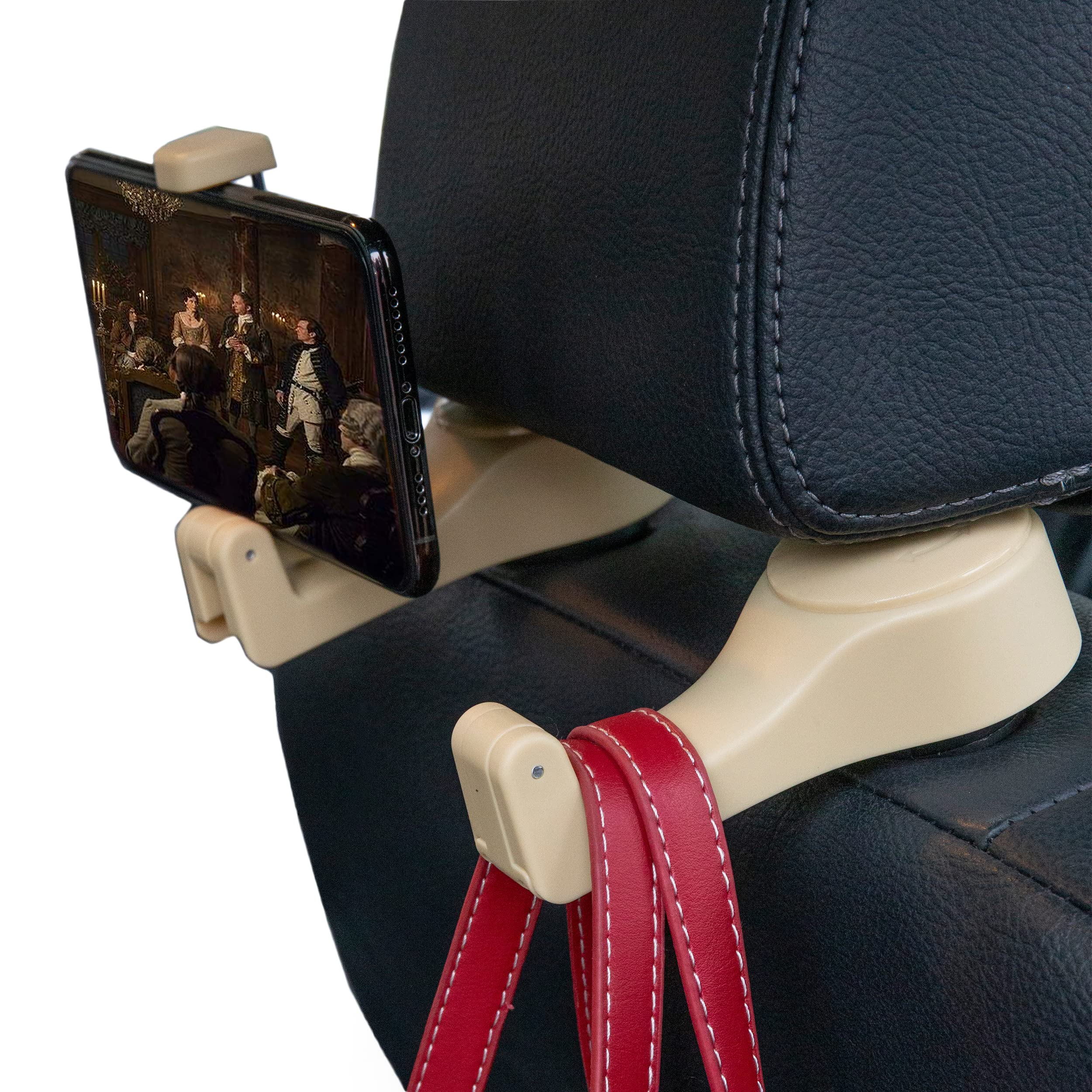 **Amooca Universal Car Back Seat Headrest Hook - 2 Pack Beige Multifunctional Phone Holder & Hanger for Bags, Purses, Clothes, Groceries | Perfect for Road Trips, Shopping & Family Travel**