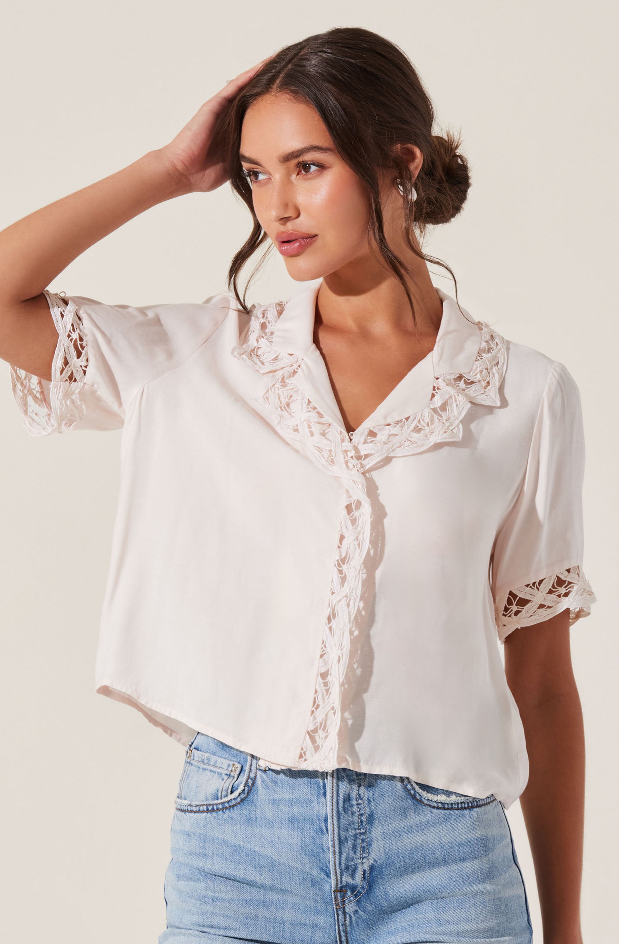 Elinda Women's Lace Trim Blouse - Elegant Floral Lace Detail Tops for Casual Wear, Office & Date Night Outfits