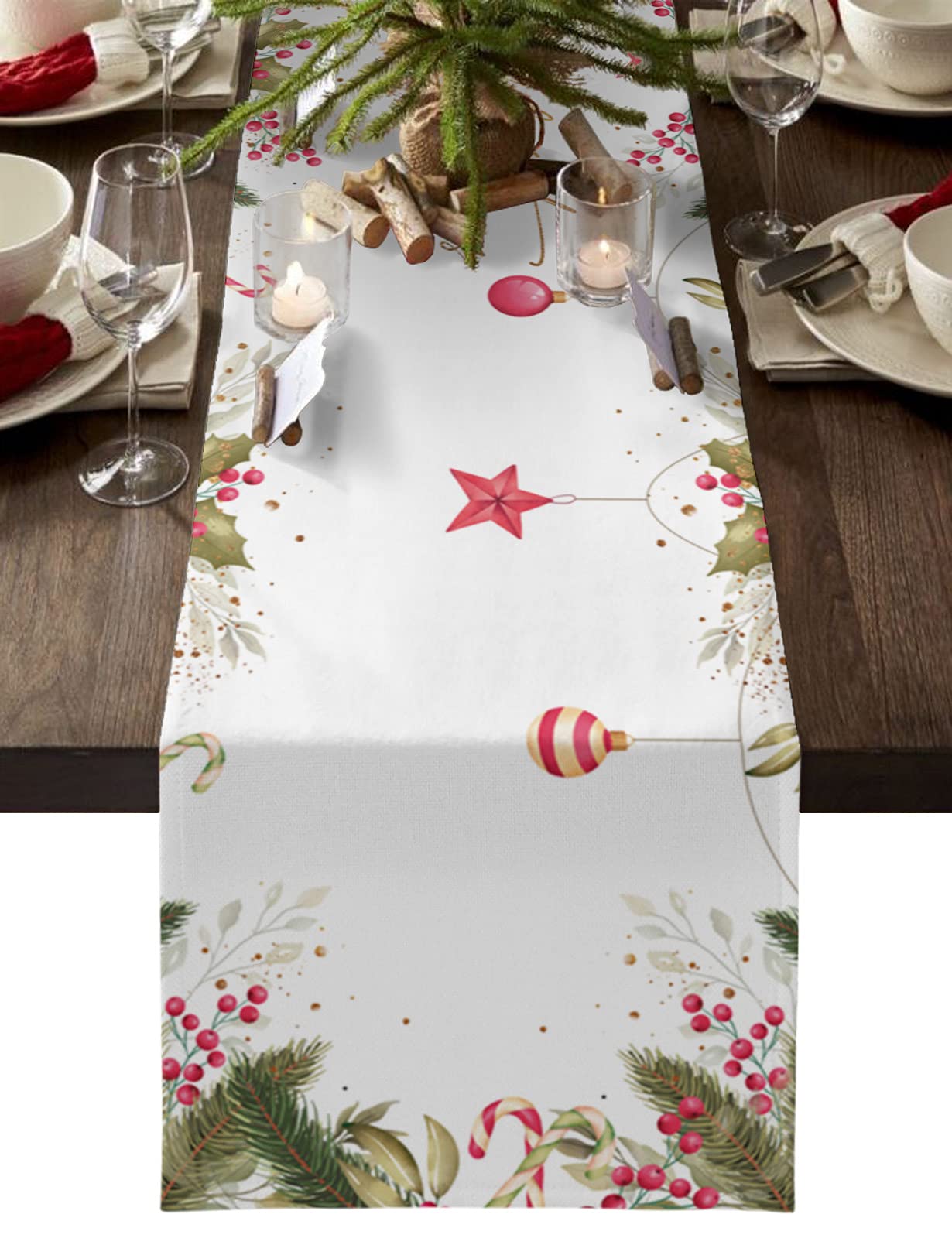 Falaniique 72 Inch Christmas Tree Leaves Winter Berry Table Runner - Cotton Linen Kitchen Dining Table Decor for Holiday Party, Wedding, Dresser | Festive Seasonal Home Decoration
