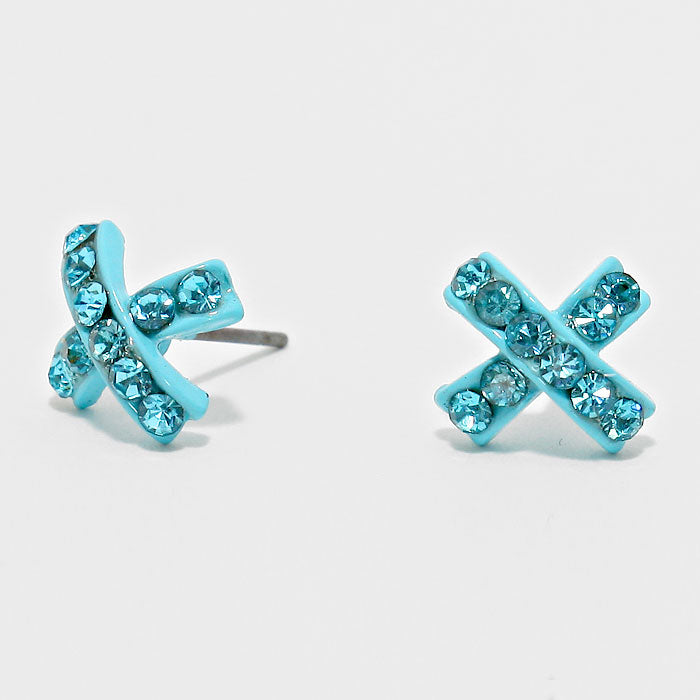 Aqua Crystal X-Shaped Stud Earrings for Women - Dainty Cubic Zirconia Earrings for Daily Wear, Gift Giving & Special Occasions | 127186