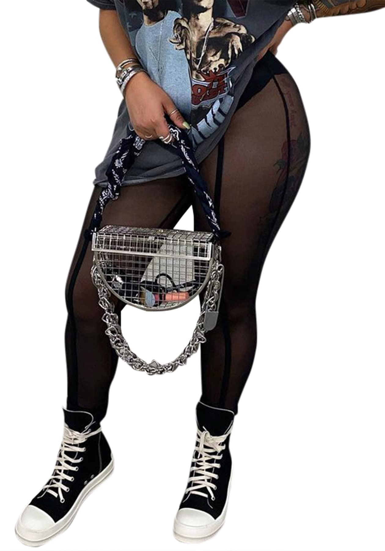 NRTHYE Women's Sexy See-Through Elastic Pencil Pants - Mesh Leggings Black High Waist Casual Sweatpants Tights for Yoga, Gym, Party & Night Out