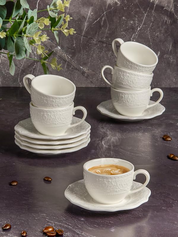 TUDOR ROYAL 12-Piece White Porcelain Cup and Saucer Set - Service for 6 with WHITEHALL Embossed Design & Scalloped Edges - Elegant Tea Set for Afternoon Tea, Bridal Shower, and Home Decor