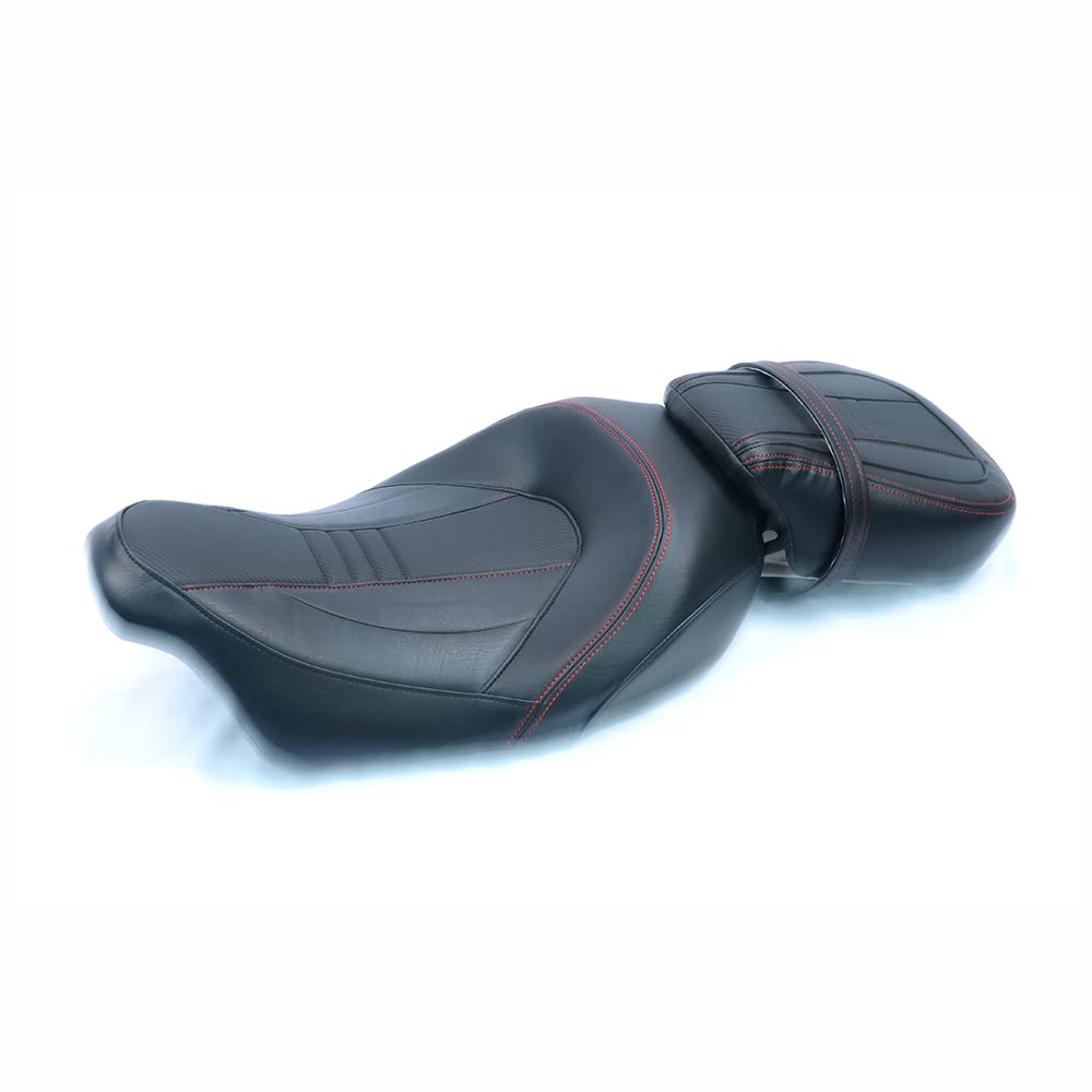 Premium Motorcycle Two-Up Rider & Passenger Seat for 2009-2022 Harley Davidson Touring Models - Street Glide, Road Glide, Road King - Red Stitched Comfort - Perfect for Long Rides & Road Trips