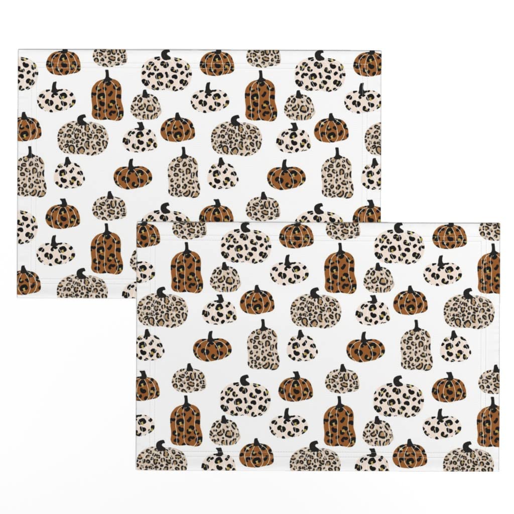 Premium Linen Cotton Canvas Placemats Set of 2 - Leopard Print Pumpkins Design for Thanksgiving & Fall Decor, Autumn Table Setting, White Feminine Print Cloth Mats - Perfect for Holiday Dining, Seasonal Home Decor & Dinner Parties