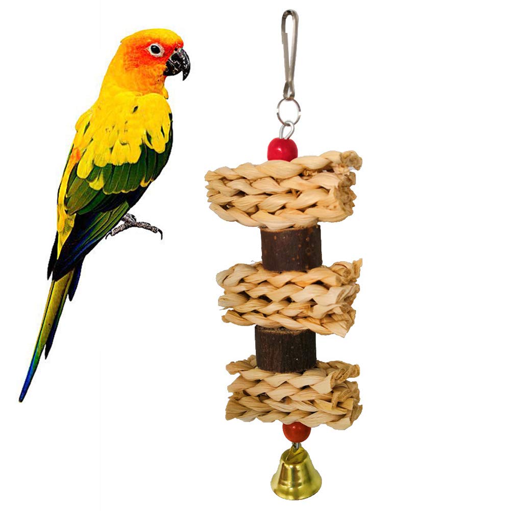 ELPAIOS Wooden Parrot Chew Toy - Natural Corn Leaf & Wood Blocks for Climbing, Biting & Play - Cage Hanging Decor for Birds, Parakeets, Cockatiels - Perfect for Enrichment & Stress Relief in Bird Cages