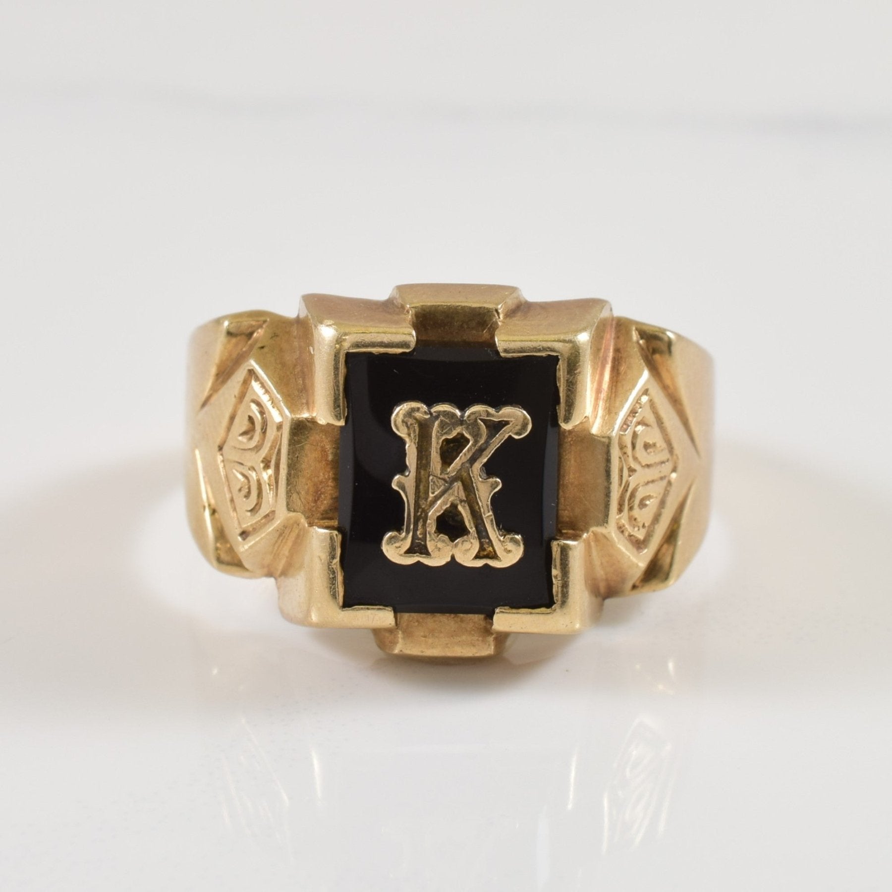 K Initial Black Onyx Ring - 2.25 Carat Genuine Onyx Stone - Size 9.5 - Elegant Personalized Jewelry for Women - Perfect Gift for Birthday, Anniversary & Special Occasions