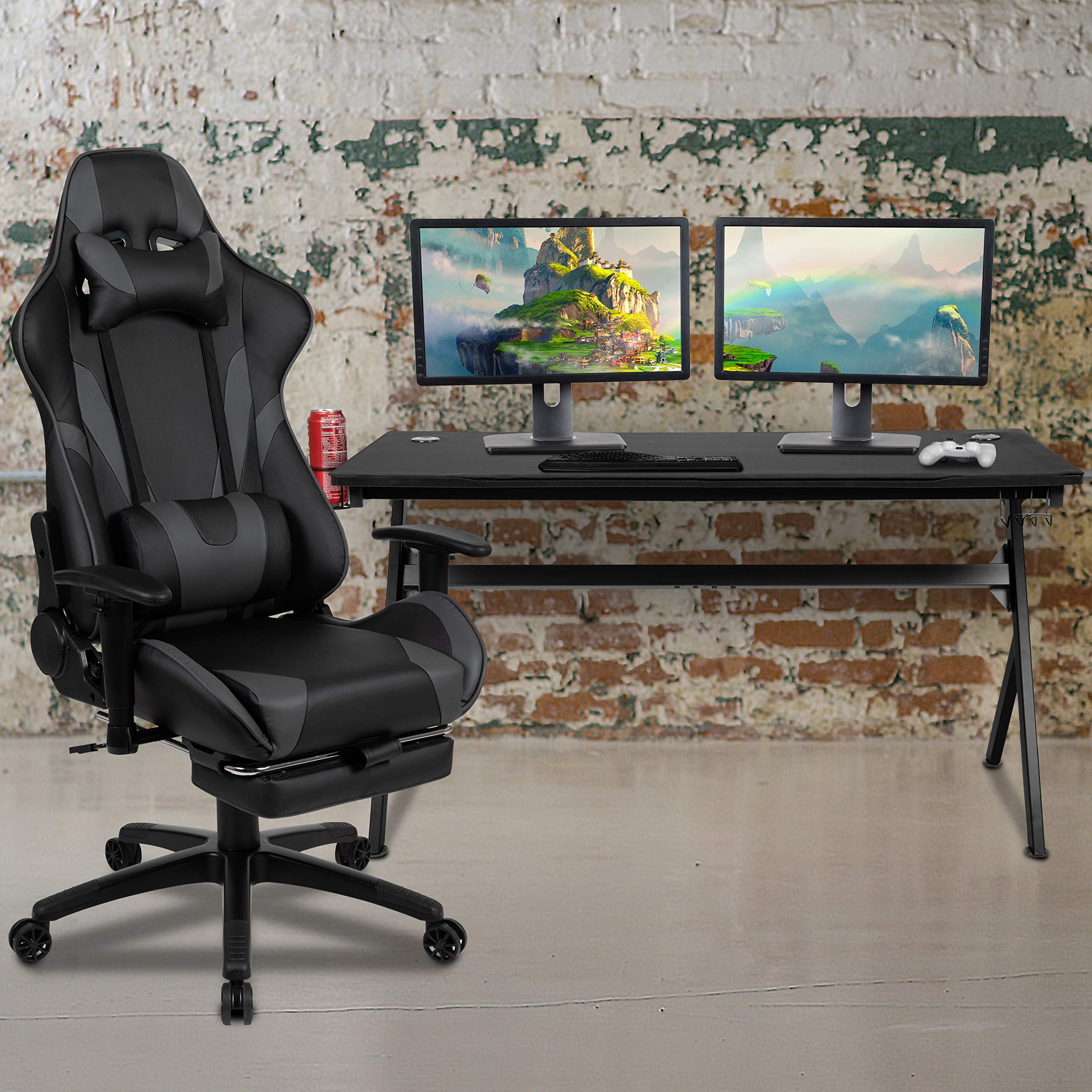 Ergonomic Gaming Desk & Gray Reclining Gaming Chair Set with Cup Holder, Headphone Hook, Removable Mouse Pad & Cable Management - Perfect for PC Gaming, Streaming & Home Office Setup