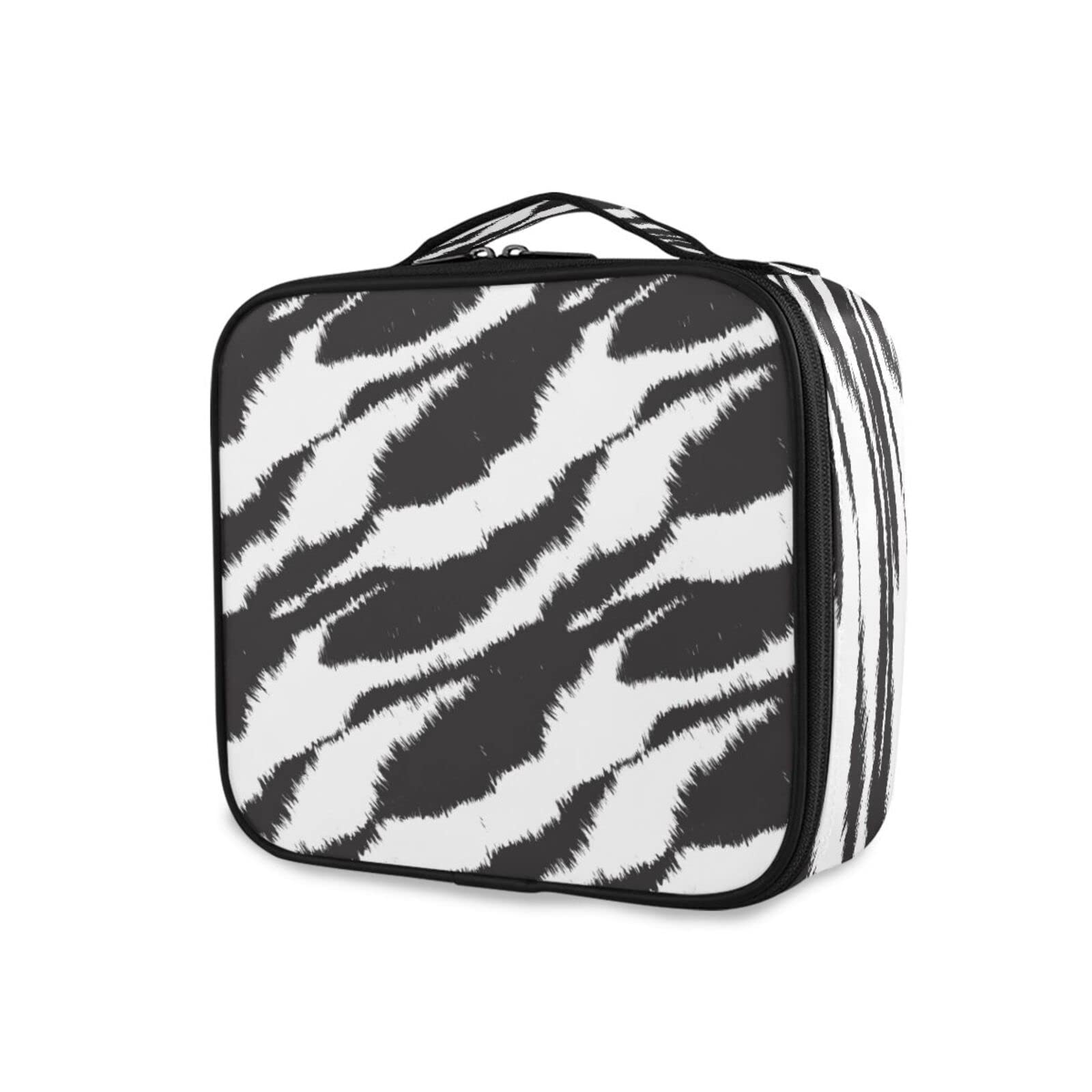 Black White Zebra Print Travel Makeup Bag - Waterproof Cosmetic Organizer Case with Brush Holder for Women | Perfect for Travel, Gym & Daily Makeup Storage