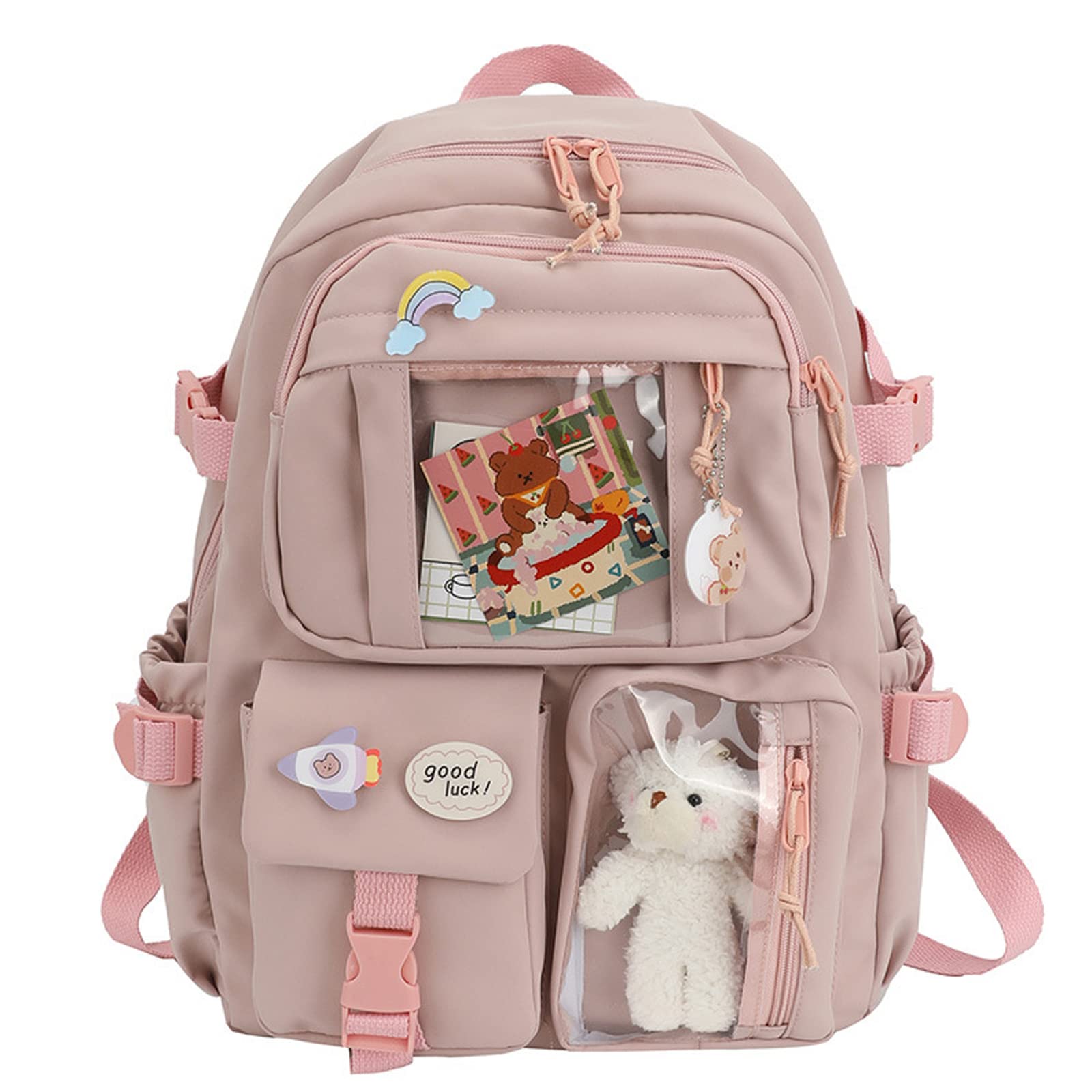 Preppy Kawaii Backpack for Girls with Pin & Accessories - School & Travel (Red)