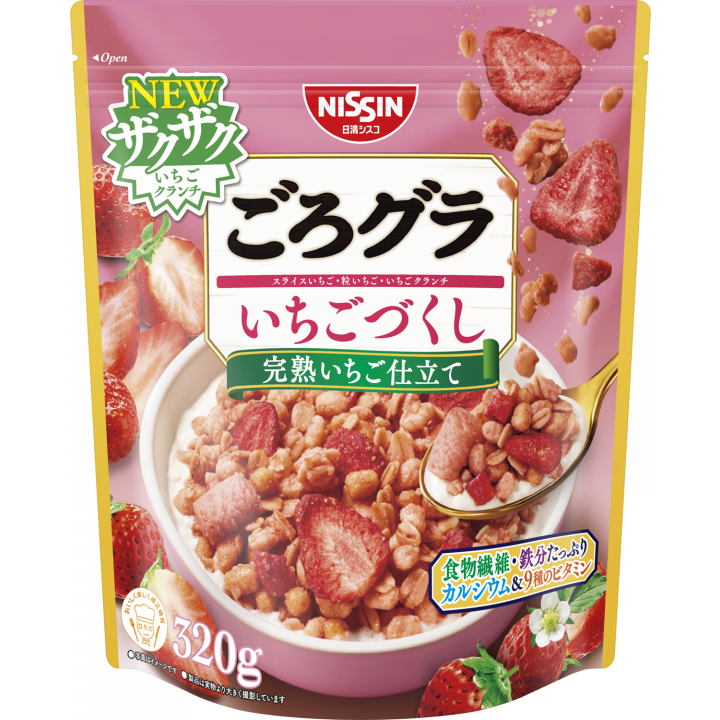 Nissin Gorogura Strawberry Granola - High Fiber Breakfast Cereal 320g - Healthy Morning Meal & Snack for Kids & Adults