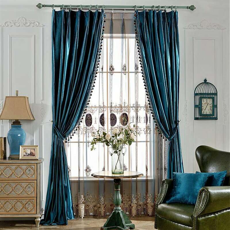 Luxury Blackout Velvet Curtains with Tassel Trim - European Style Blue Drapes for Living Room & Bedroom - Light Blocking Thermal Insulated Window Treatments