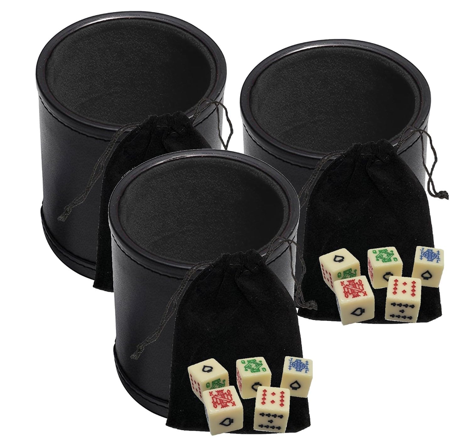 Premium Black PU Leather Dice Cup Set with 16mm Ivory Poker Dice & Storage Pouch - 3 Pack for Casino Night, Board Games, and Poker Parties