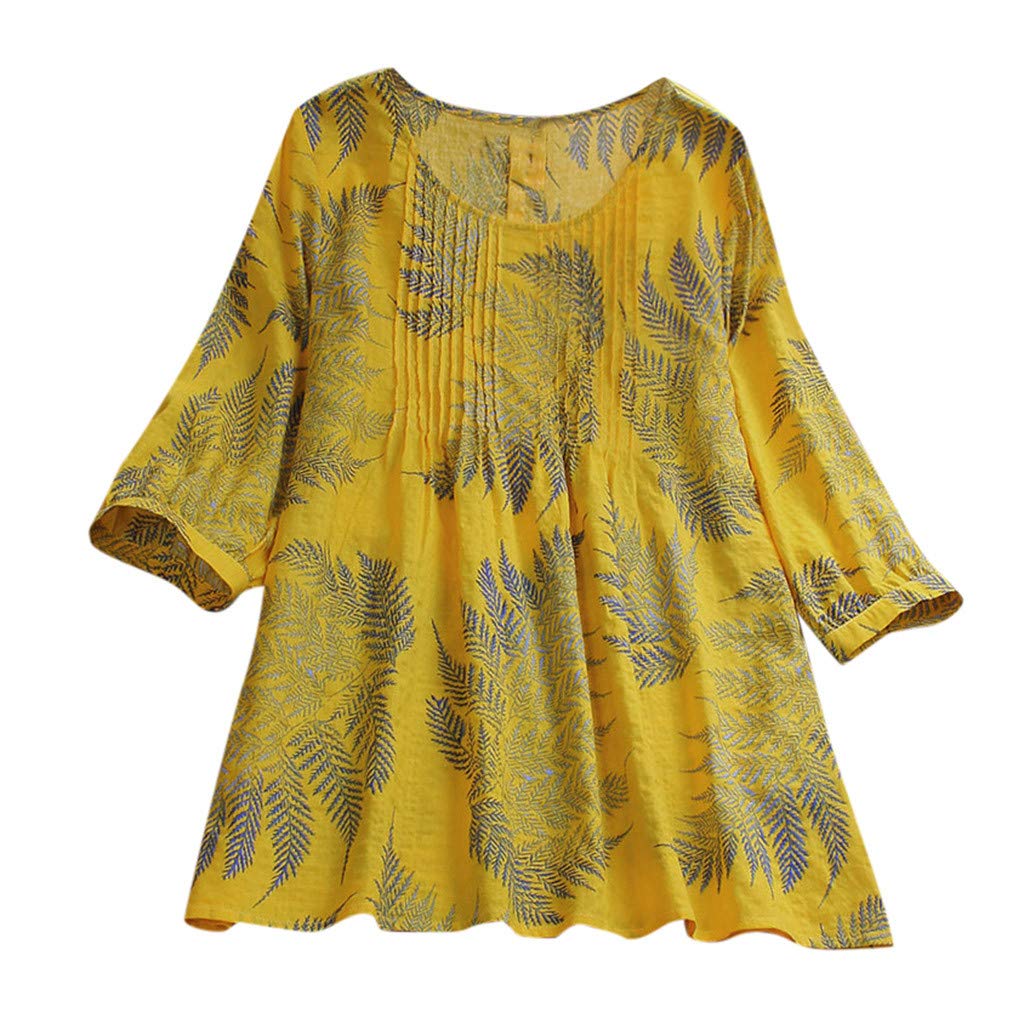 HUQI Women's Plus Size Floral Print Linen T-Shirt - Casual Crewneck Loose Fit Long Sleeve Blouse with Button Folds | Perfect for Work, Travel & Everyday Wear