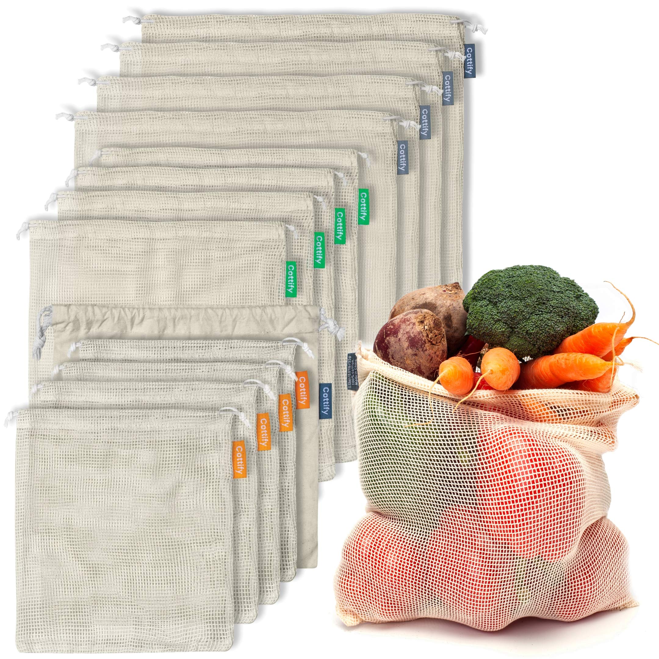 12+1 Reusable Organic Cotton Mesh Produce Bags - Washable, Double-Stitched with Tare Weigh - Eco-Friendly Grocery Bags for Vegetables, Fruits & Shopping (3 Sizes) - Perfect for Farmers Markets, Bulk Shopping & Zero Waste Lifestyle