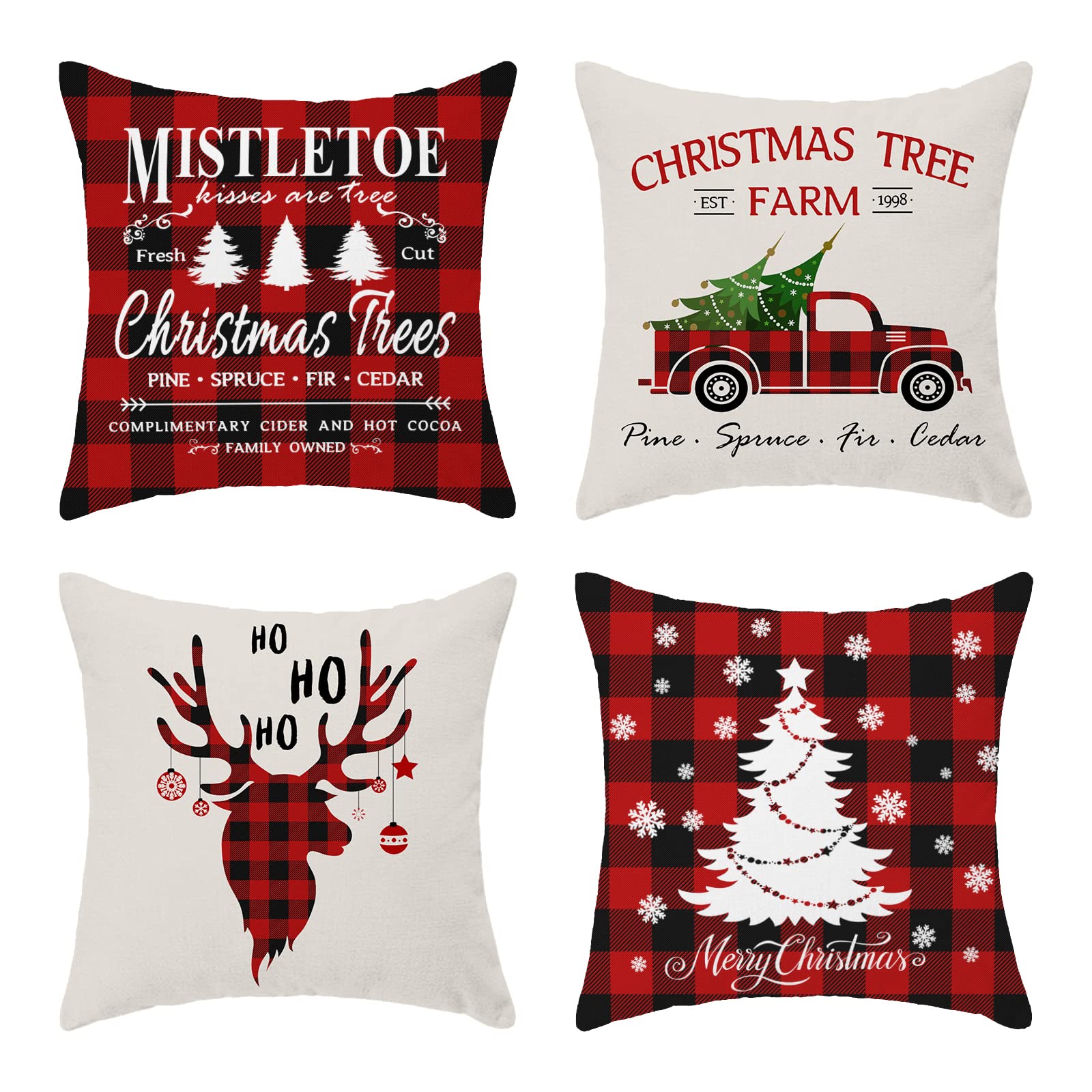 Buffalo Farmhouse Christmas Throw Pillow Covers - Set of 4 Red Santa & Trunk Design 18x18 Inch Linen Square Pillow Cases - Cozy Holiday Decor for Sofa, Bedroom & Living Room (Perfect for Christmas Home Decor & Farmhouse Style)