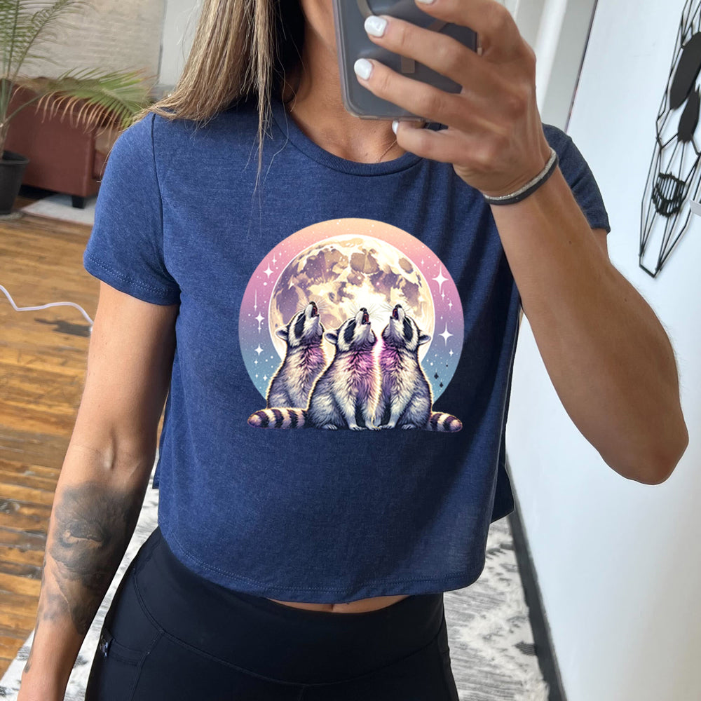 Raccoon Moon Graphic Cropped T-Shirt for Women - Trendy Casual Streetwear Top for Summer Outfits & Music Festivals