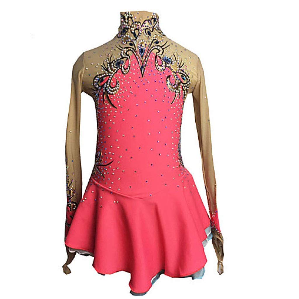 Women's Figure Skating Dress - Long Sleeve Competition Costume for Girls (Pink, Size Child 12) | Ice Skating Performance, Practice & Dance Wear