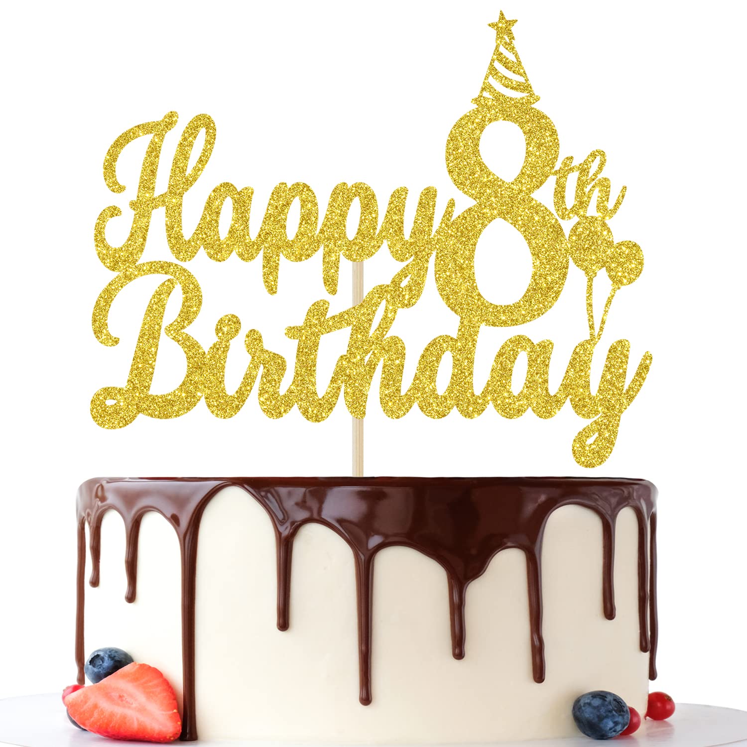 Happy 8th Birthday Cake Topper - Eight is Great Gold Glitter Decorations for Boys & Girls | Perfect for 8th Birthday Parties, Cakes & Celebrations
